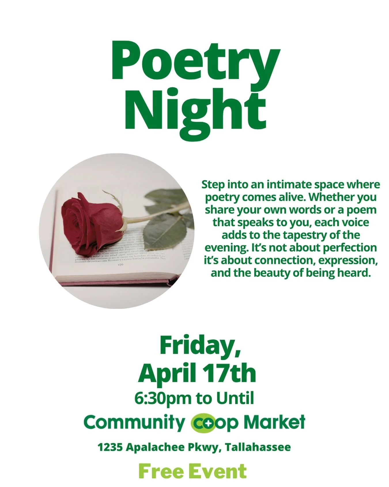 Join us tonight at 6:30 PM for Poetry night! 
#tallyevents #poetry #poetrymonth #tallahassee