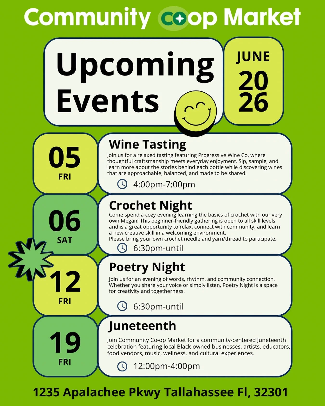 ✨ JUNE EVENTS AT THE CO-OP ✨
Part 1 of our June community lineup is here and we&rsquo;re so excited to gather with you all 💚

From wine tasting and crochet nights to poetry, creativity, and our Juneteenth celebration, we&rsquo;ve got a little someth