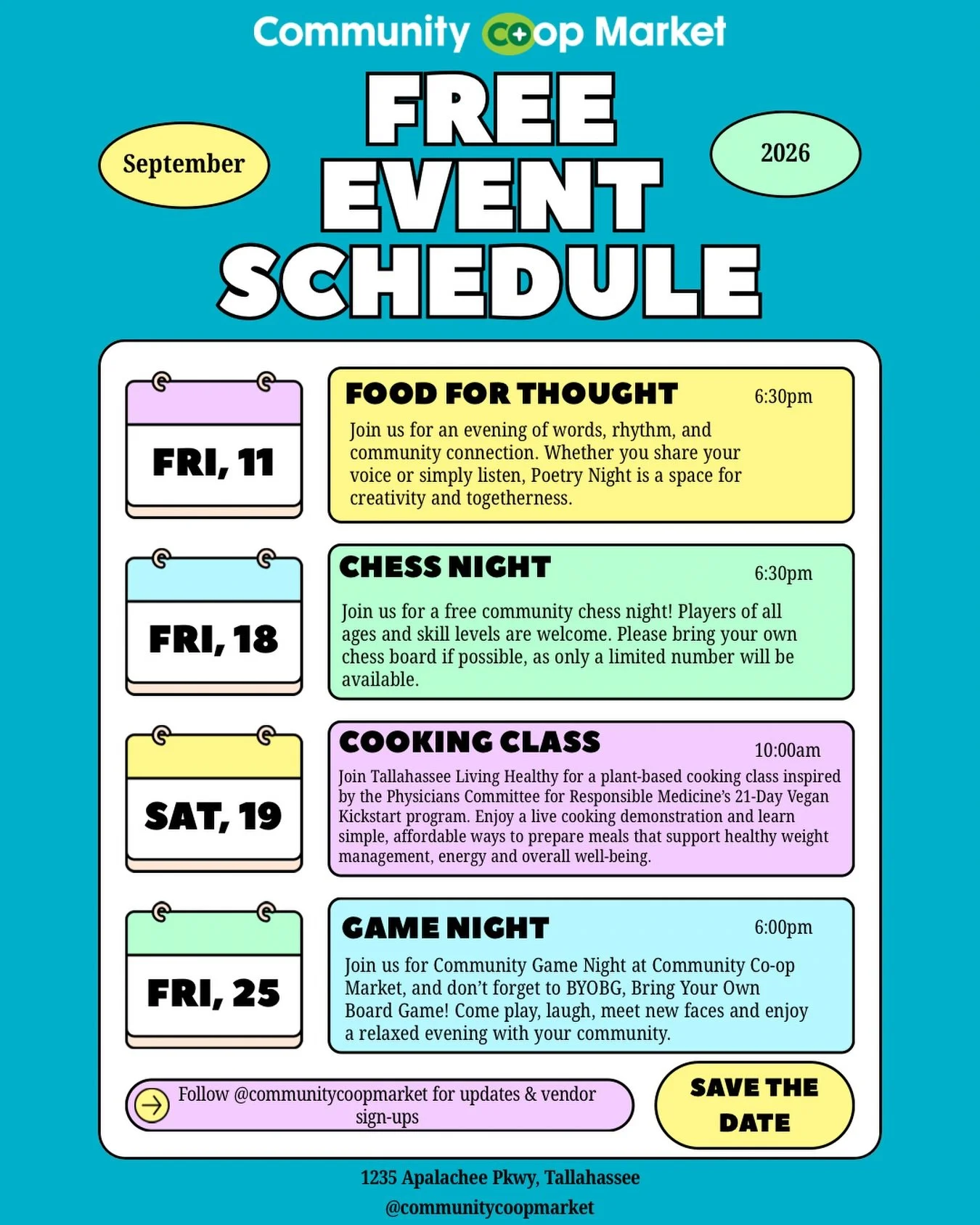 September is full of free ways to connect, create, learn and have fun at Community Co-op Market! Save the dates and join us for one event or all four. 💚

🎤 Friday, September 11 at 6:30 PM
Food for Thought Poetry Night

♟️ Friday, September 18 at 6: