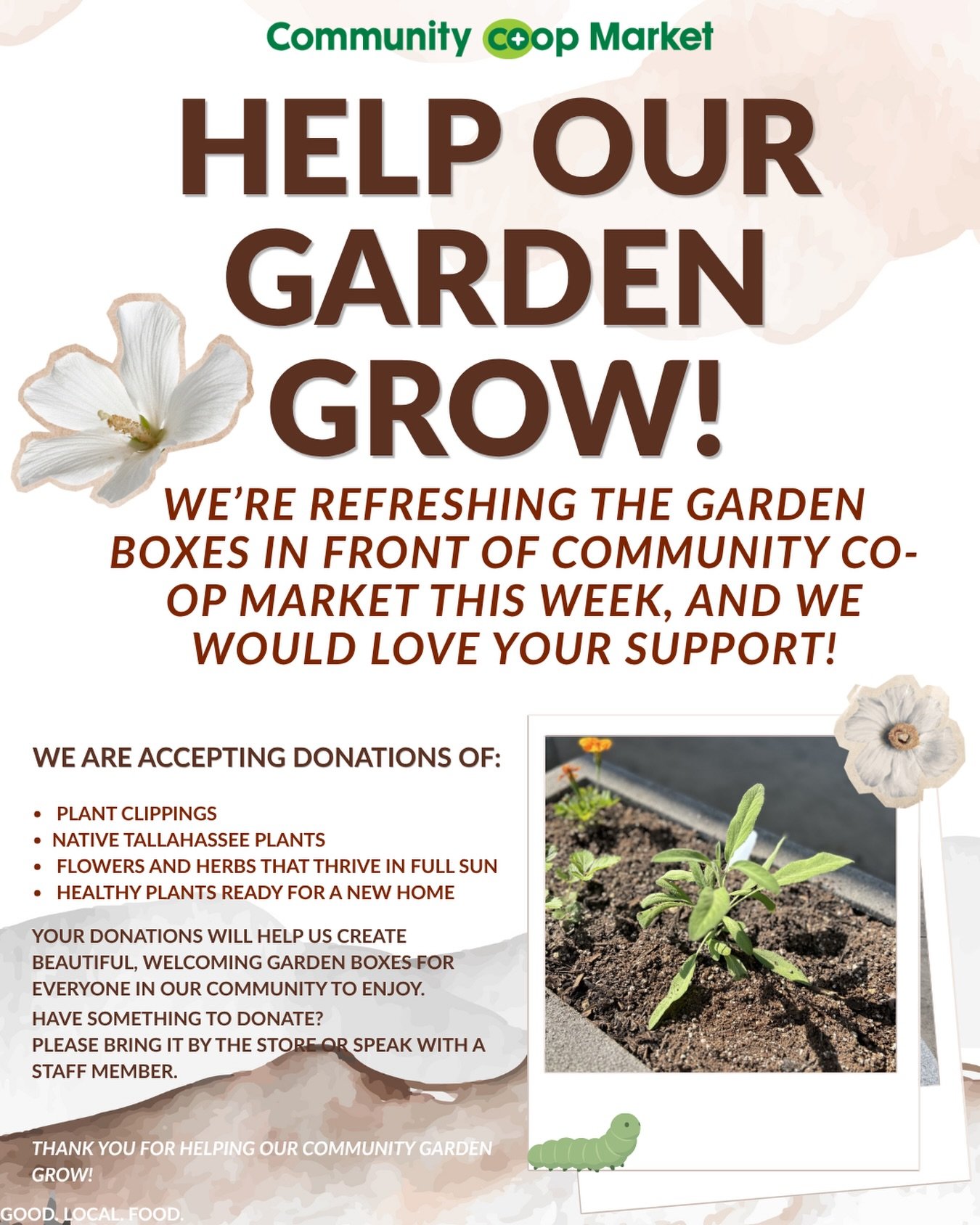 Help our garden grow! 🌱🌼

We&rsquo;re refreshing the garden boxes in front of Community Co-op Market this week, and we would love your support!

We&rsquo;re accepting donations of healthy plant clippings, flowers, herbs, and plants native to Tallah