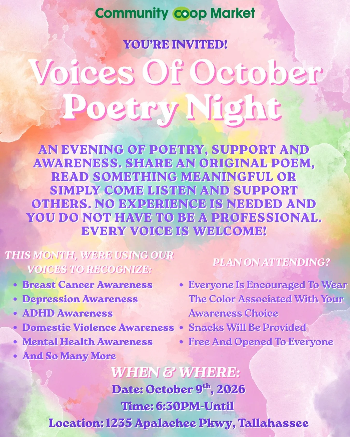 You&rsquo;re invited to Voices of October Poetry Night on Friday, October 9! Share an original poem, read something meaningful, or simply come listen and support others. No experience is needed, and every voice is welcome.

This month, we&rsquo;re re