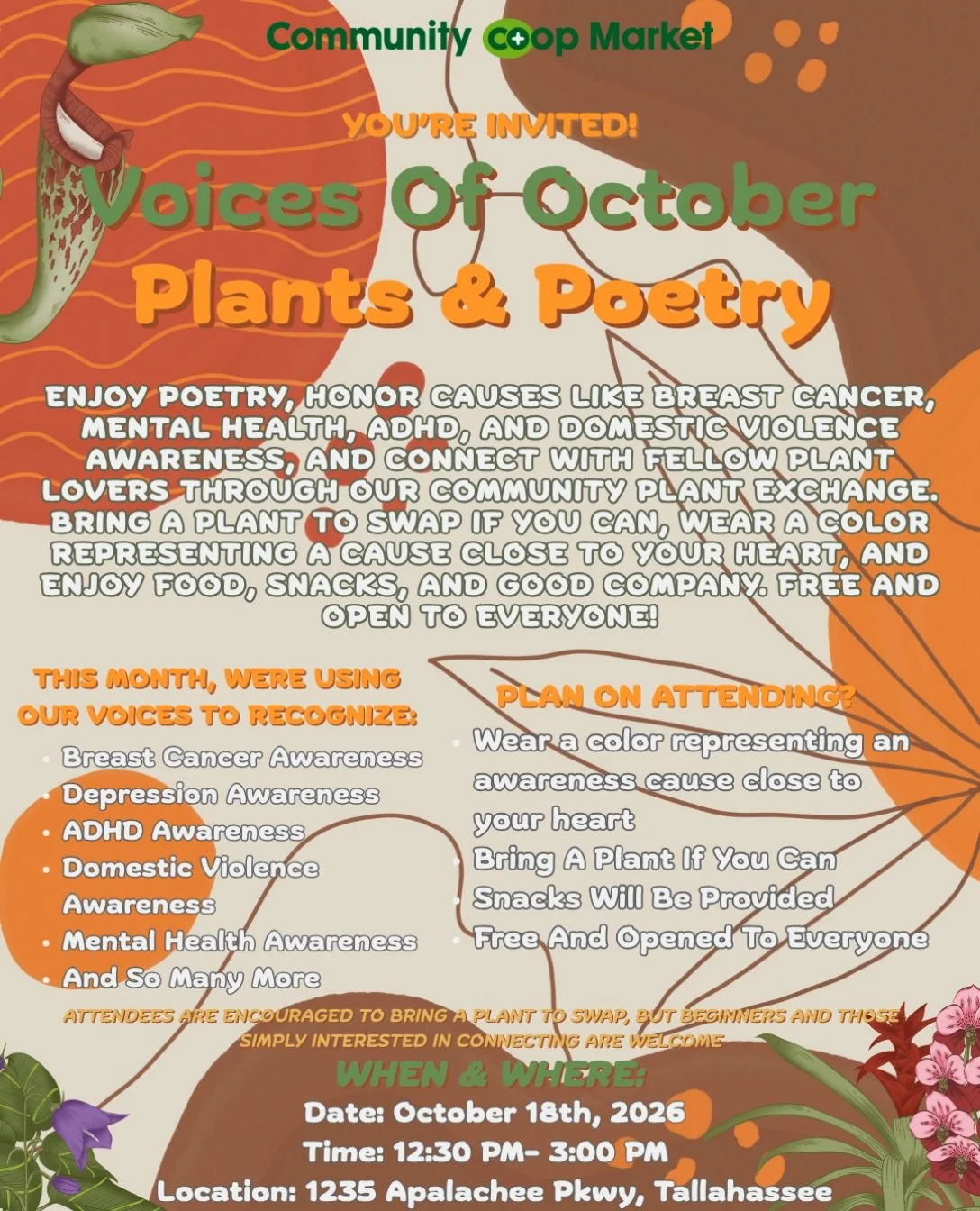 🎤 Voices of October: Plants &amp; Poetry! 🌿💜

We know many of you were looking forward to joining us for Voices of October on October 9th, and we appreciate your excitement and patience! So we thought, why not bring two beautiful things together? 