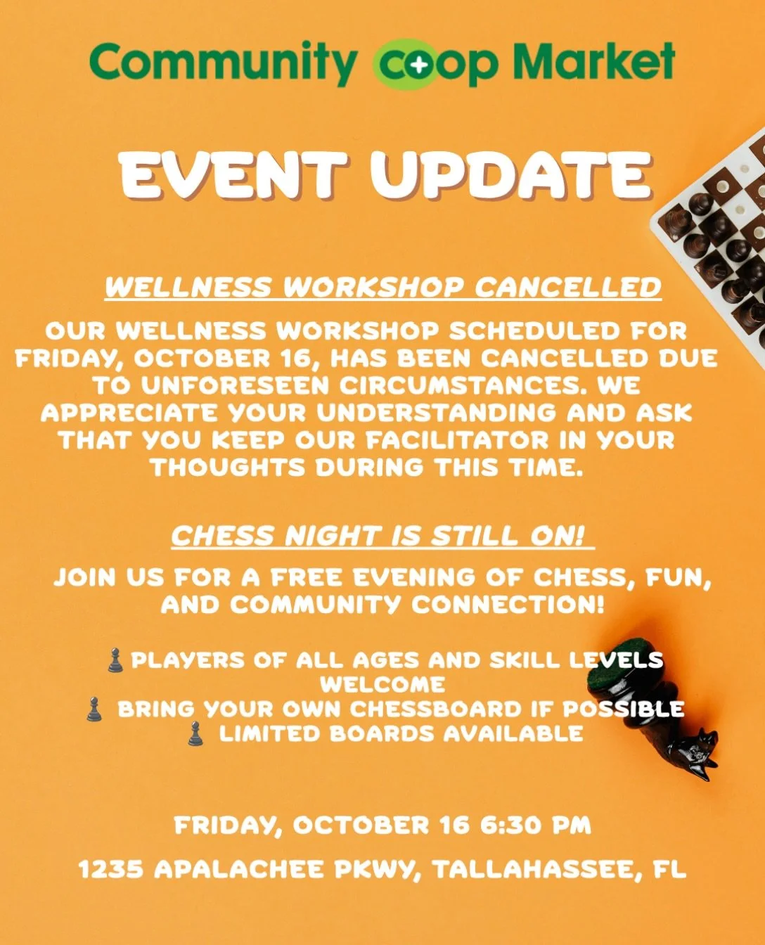 📢 EVENT UPDATE: Wellness Workshop Cancellation

Our Wellness Workshop scheduled for Friday, October 16, has been cancelled due to unforeseen circumstances affecting our workshop facilitator. We&rsquo;re sending them our thoughts and well wishes duri