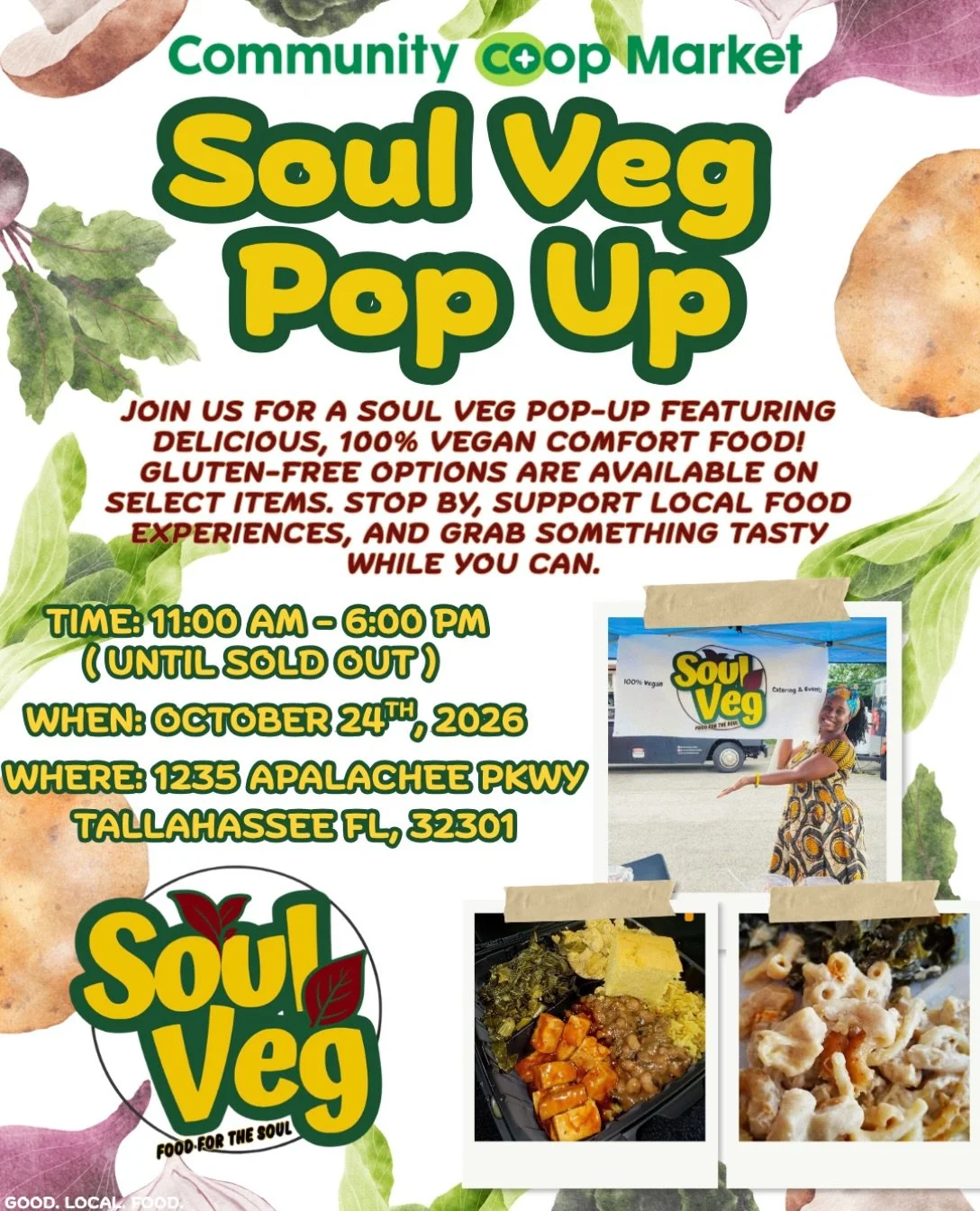 🚨🌱 Soul Veg is popping up at the Co-op! 🌱🚨

Join us at Community Co-op Market for a delicious selection of vegan comfort food from @soulvegfl ! Whether you&rsquo;re vegan, curious about plant-based meals, or simply looking for something tasty to 
