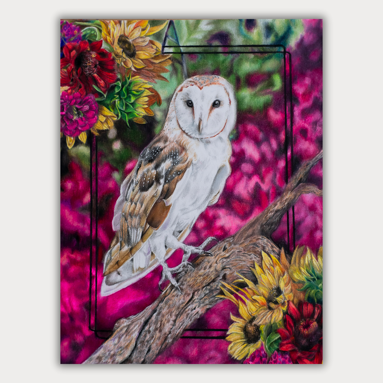 Barn Owl Among the Leaves & Flowers (Print)