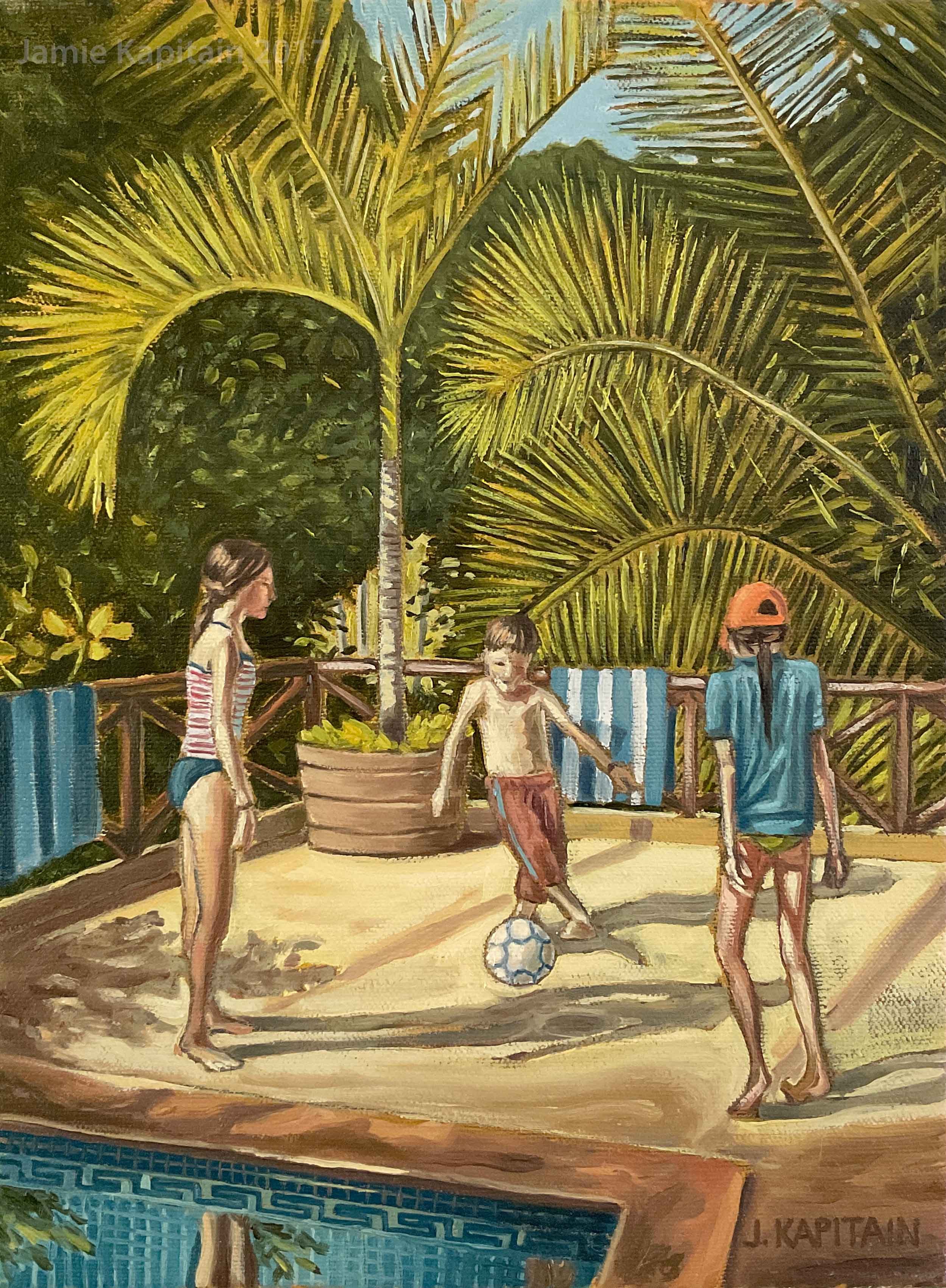 Football Poolside, Mexico, 2017, oil on canvas, 12x9 inches.