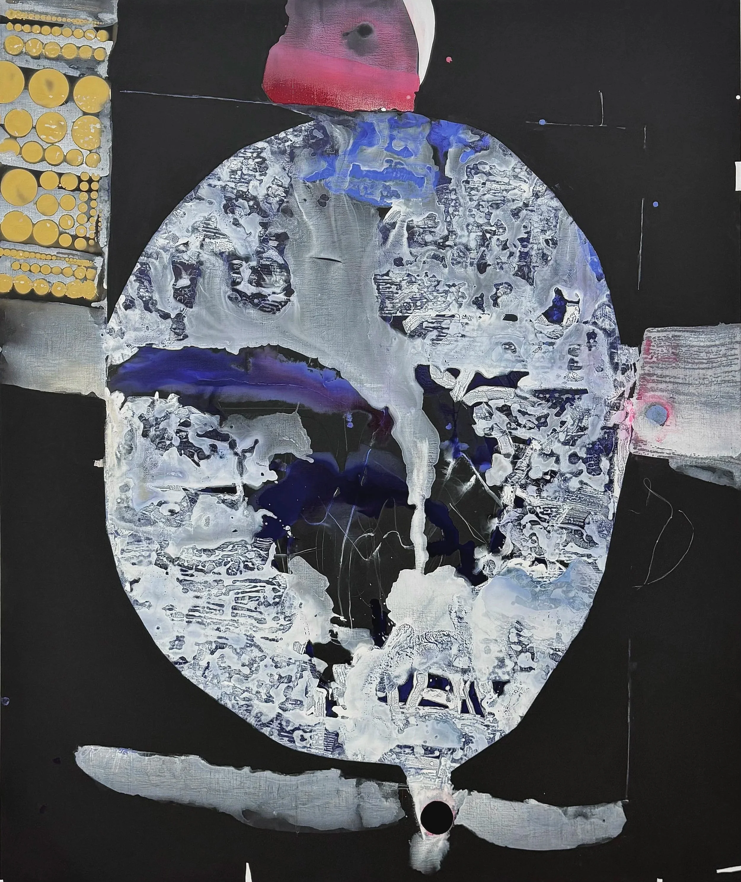 Leaving on a Fast Plane,  2026,  Flashe, llack Gesso, watercolor, pencil, markers, chalk, spray paint on linen, 74" x 62"