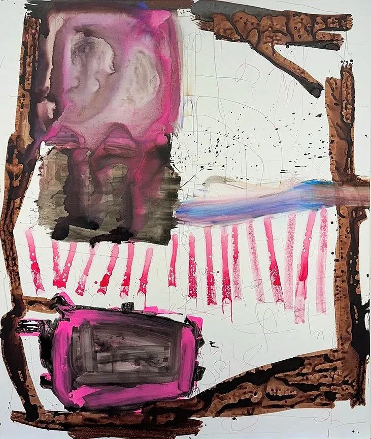 Rickety, 2024, Watercolor, watersoluble oil paint, marker, pencil, on linen, 74 x 62 inches