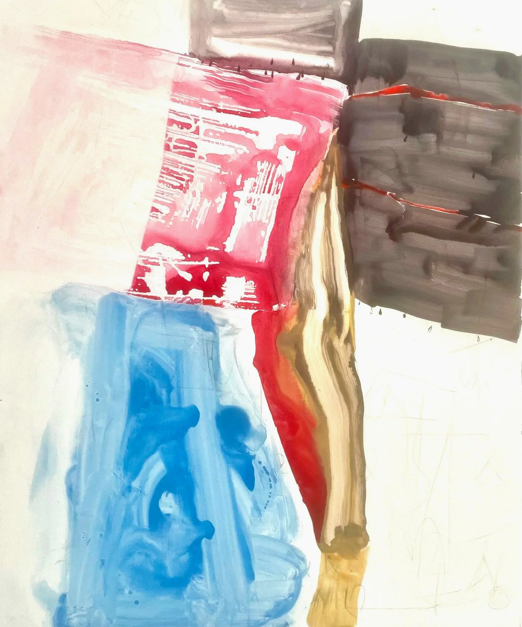 Say it Straight, 2024, pencil, pen, crayon, watercolor, water soluble oil on linen, 60 x 50 inches