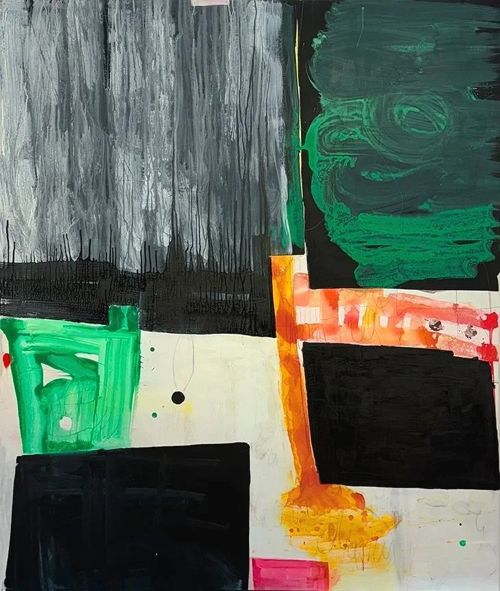 Hammertown, 2024, watercolor, water soluble oil, black gesso, pen, pencil on linen, 74 x 62 inches