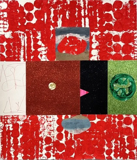 Michael's 13, 2026, Flash, pen, watercolor, glitter paperstock, collage on paper, 34.75" x 29.75"