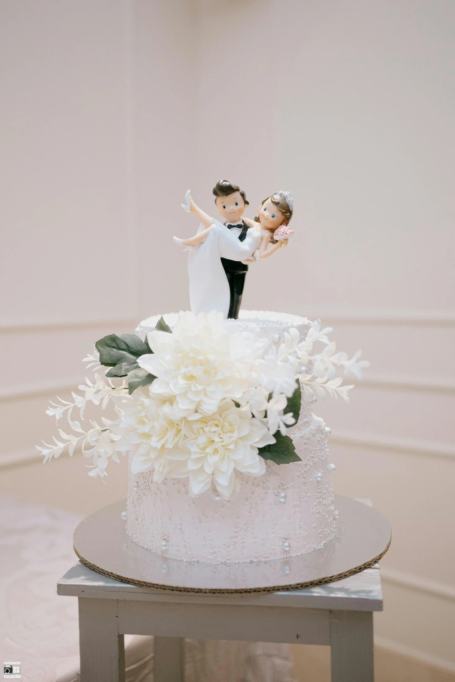 Elegant tiered wedding cake prepared for a reception