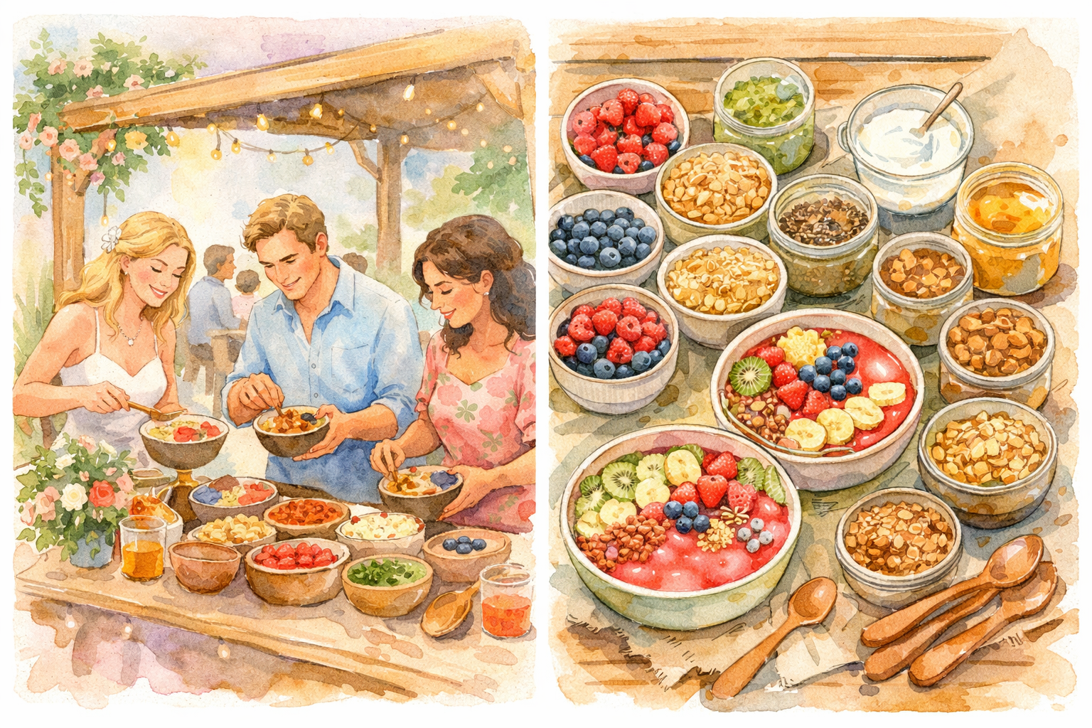 An overhead perspective showing bowls of toppings and colorful bases, ready for guests to serve themselves.