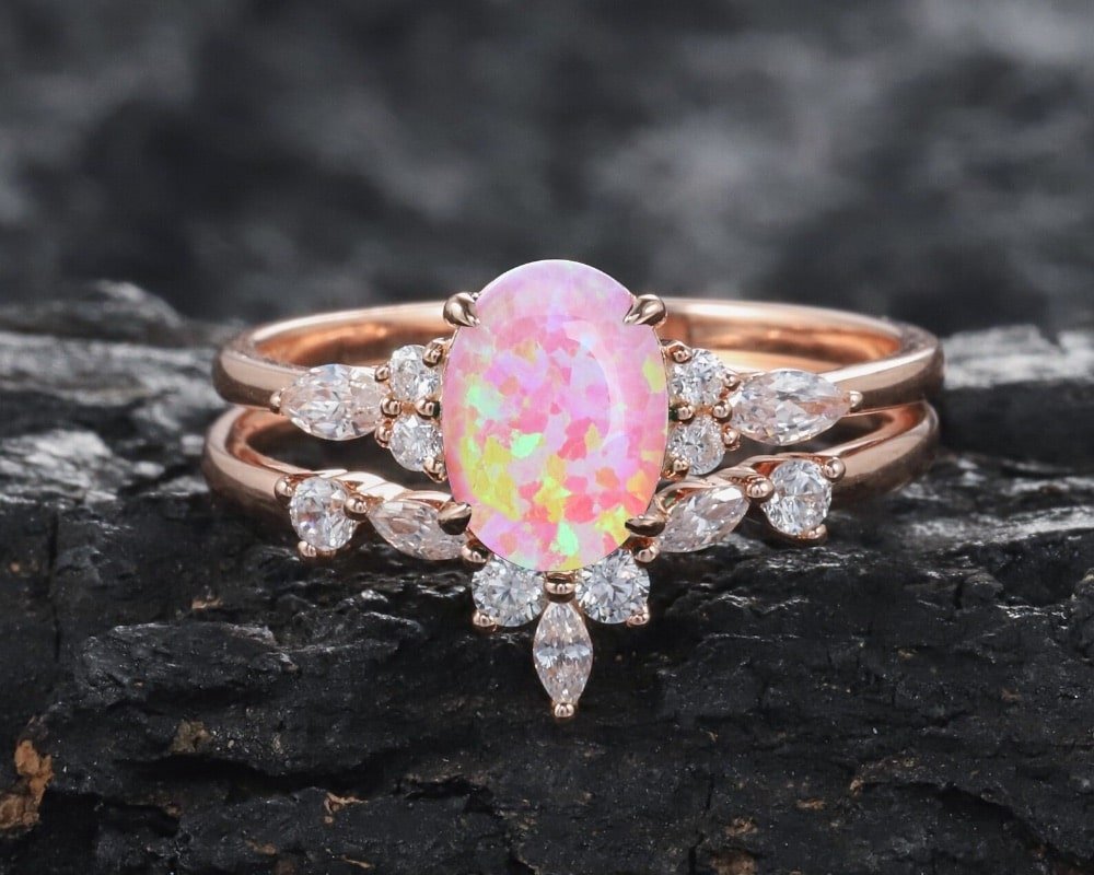 Pink Opal Engagement Ring Set by SofunJewelry