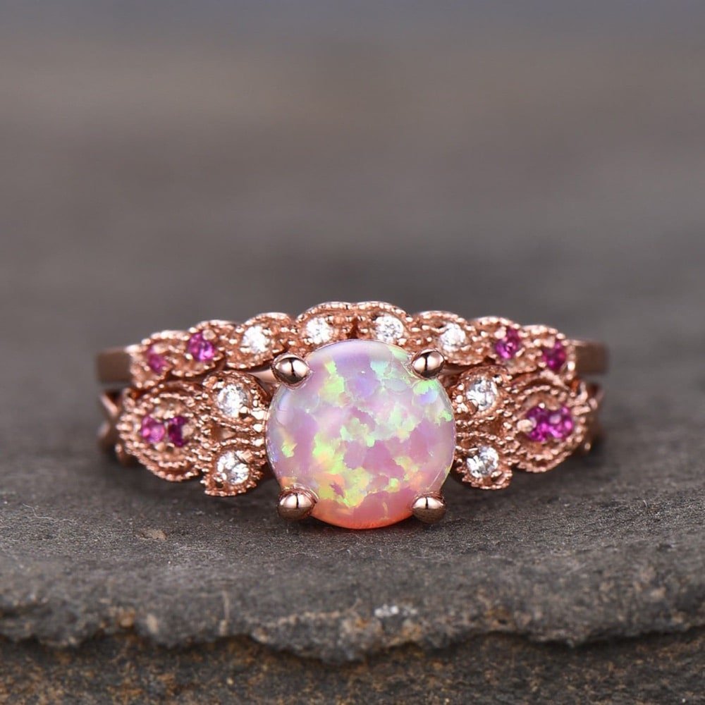 Pink Opal Bridal Ring Set by kbestdesign