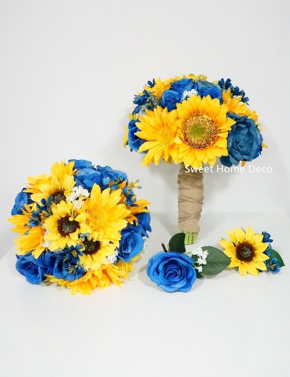 Blue and Yellow Wedding Bouquets by JennysFlowerShop