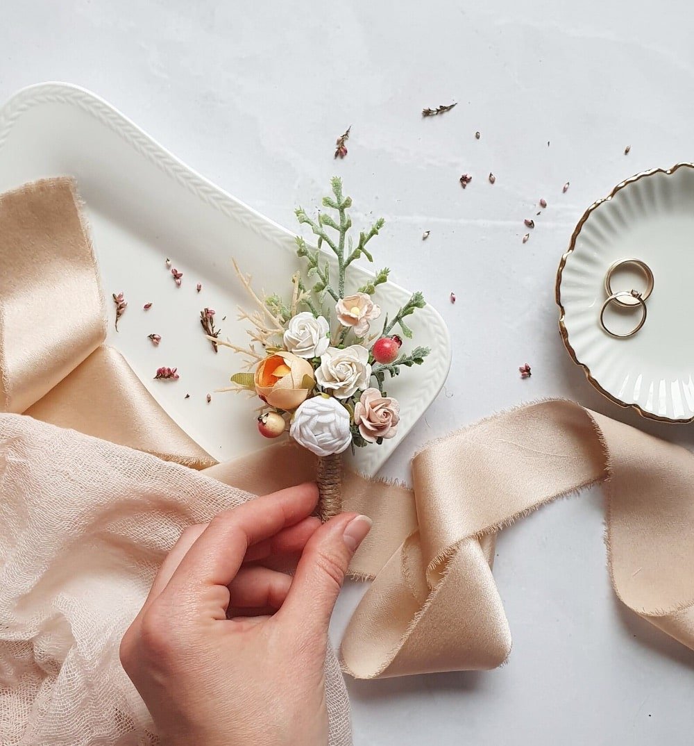 Peach Groom's Boutonniere by KALAPETKAwedding