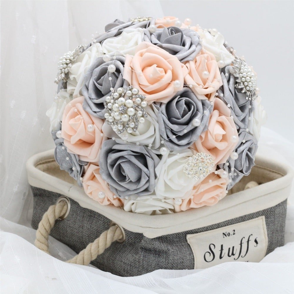 Grey and Peach Bridal Bouquet by HandCraftsinStudio