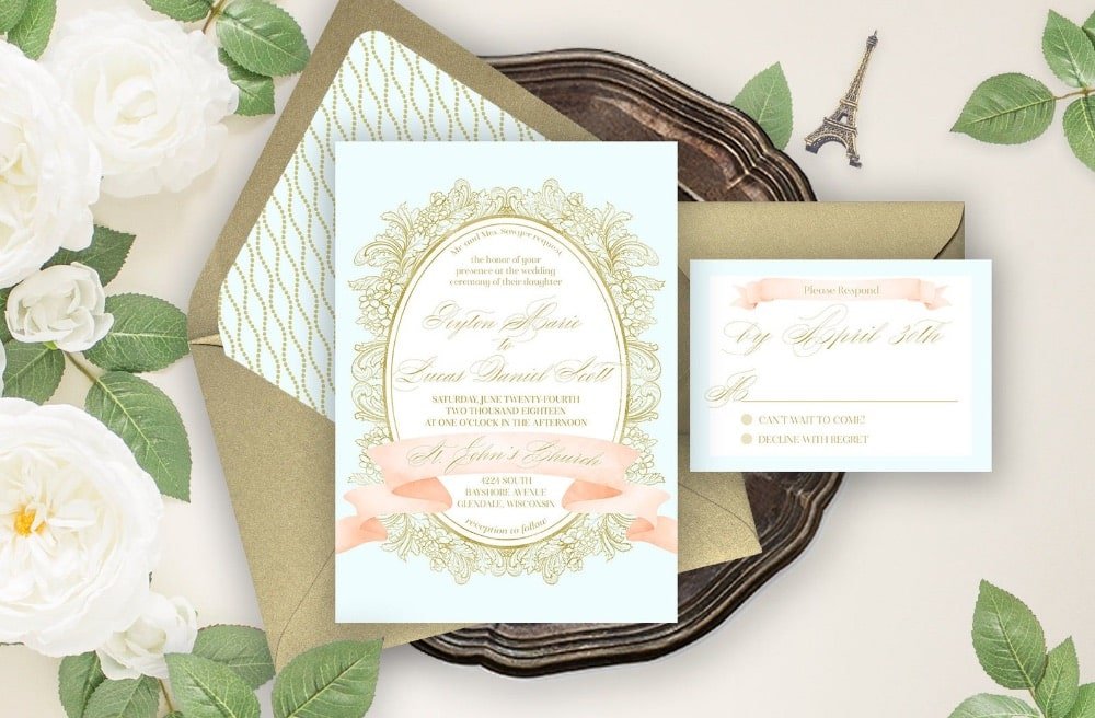 Mint and Peach Wedding Invitations by BlueHarborPaperie