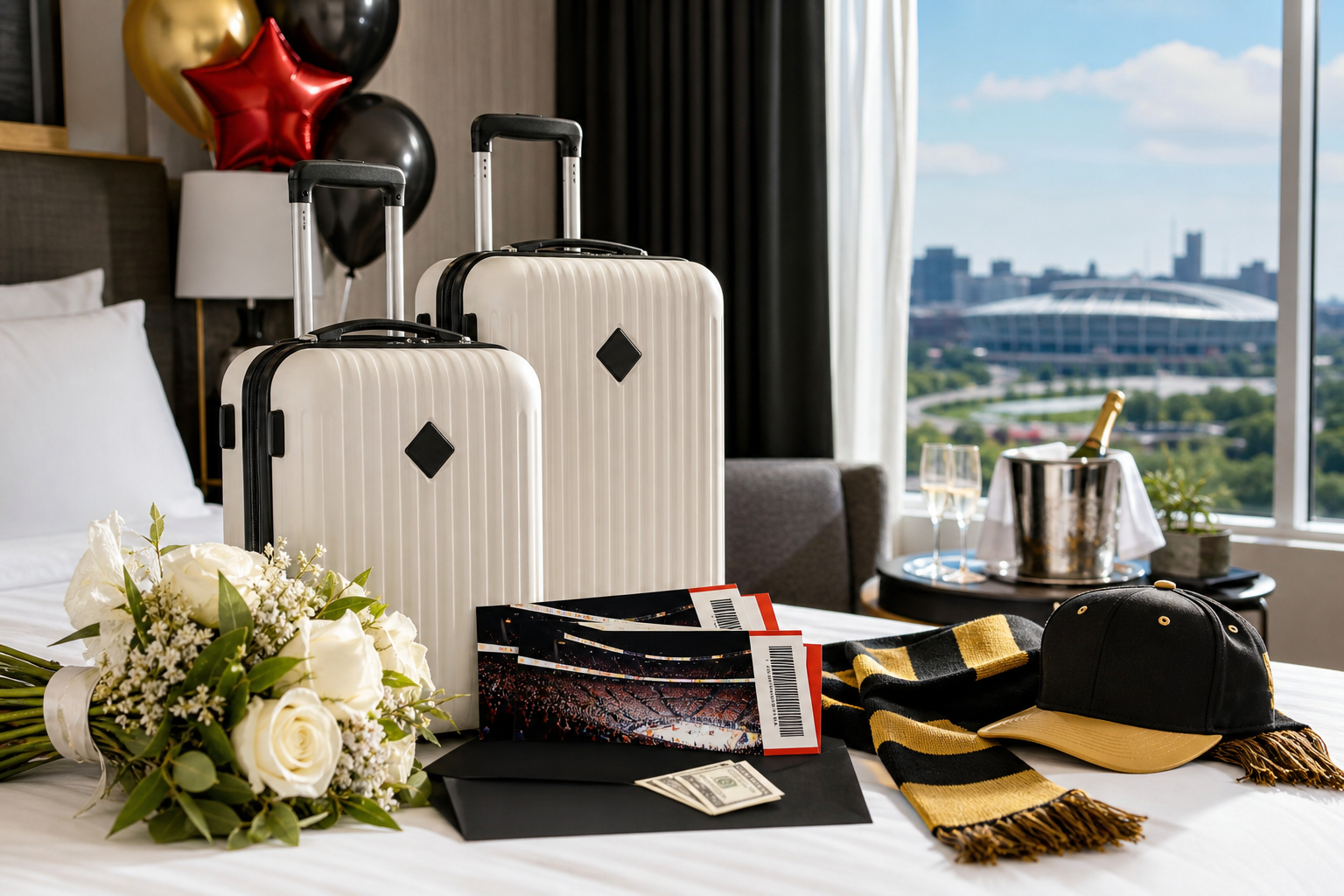 Wedding weekend sports getaway with luggage, event tickets and flowers
