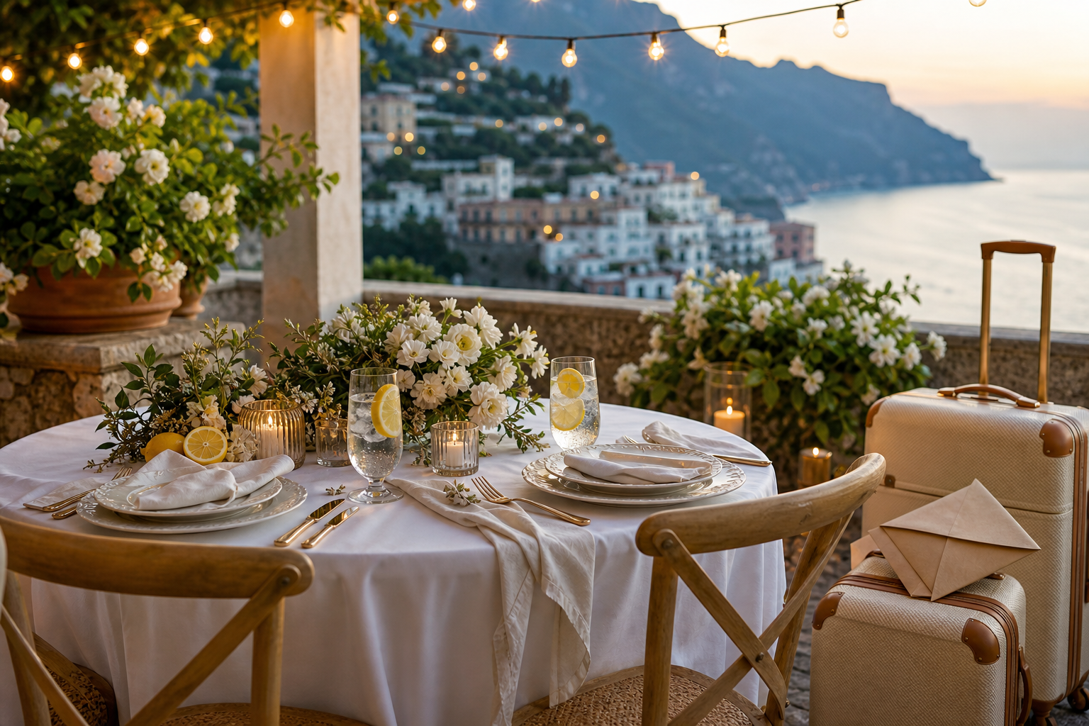 Italian-inspired wedding dinner with sparkling citrus water and honeymoon luggage