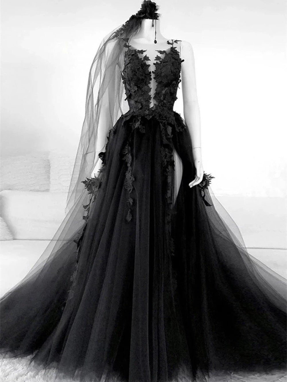 Country Ball Gown Black Quinceanera Dress Long Train With Lace Bodice  #CH6625 - GemGrace.com