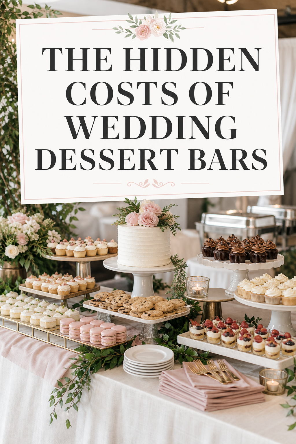 Wedding dessert bar with cake, cupcakes, cookies and serving displays