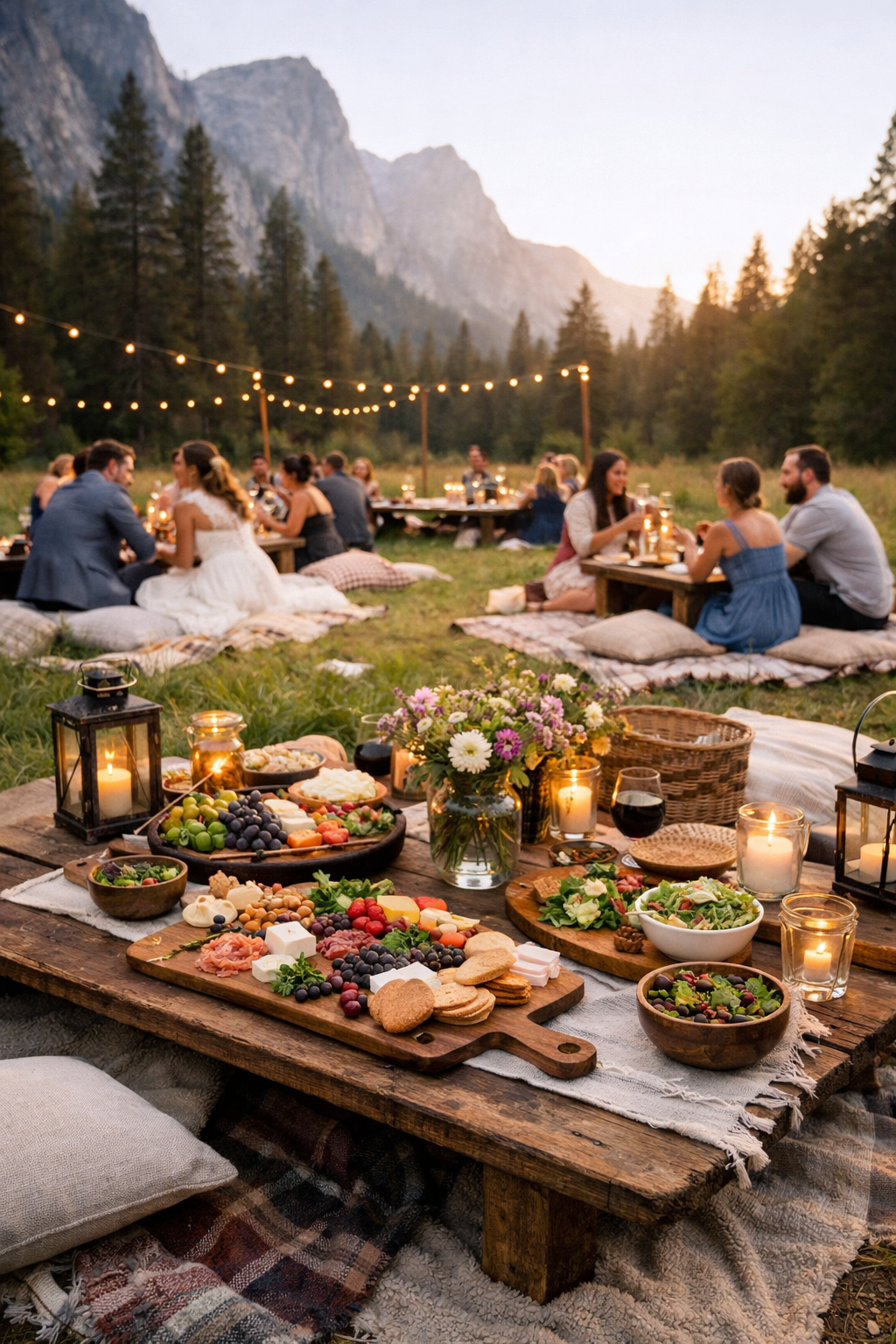 guests enjoying a rustic picnic reception with wooden boards of food and fairy lights: