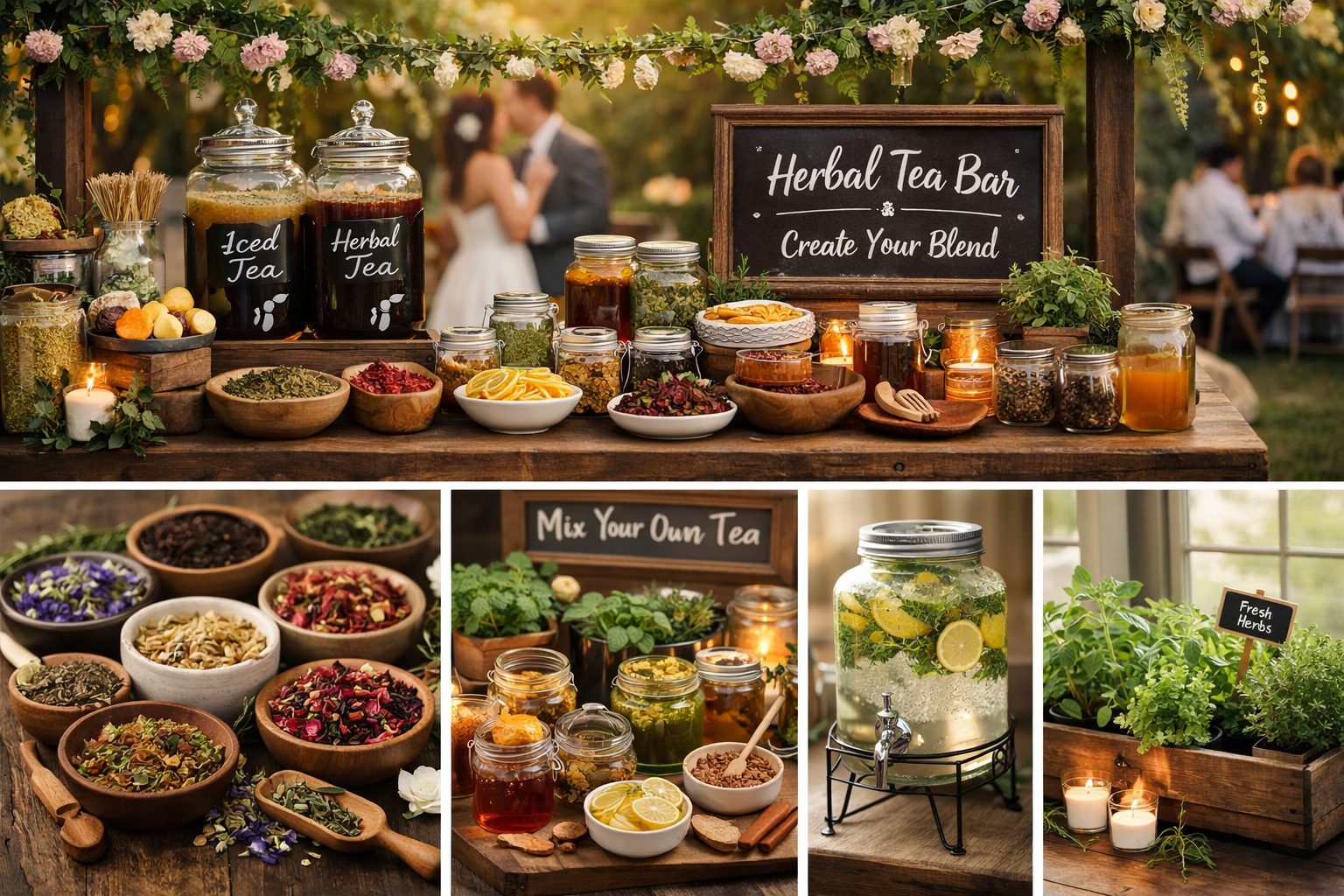 Herbal tea bar at a rustic wedding