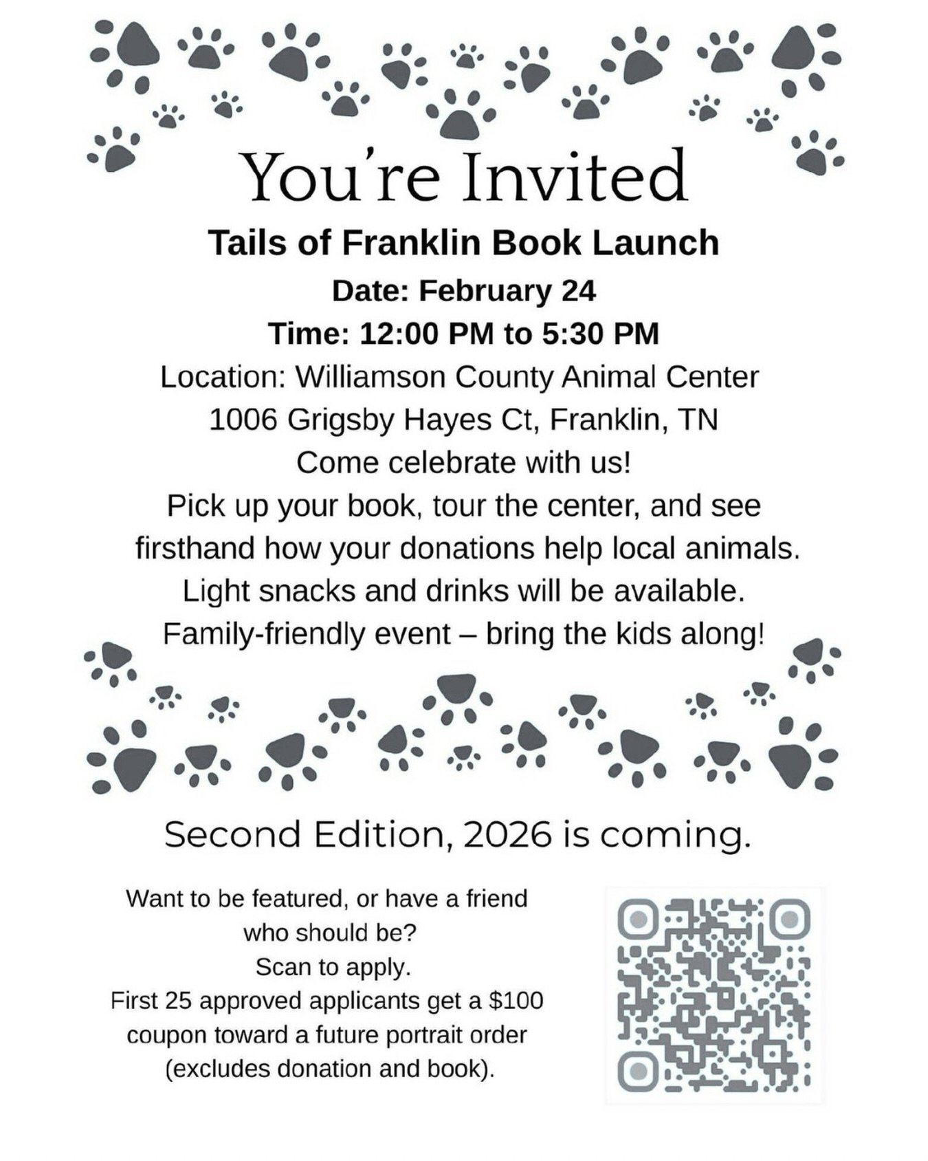 Mark your calendar! 

The Tails of Franklin Book Launch is happening February 24 from 12&ndash;5:30 PM at Williamson County Animal Center in Franklin.

Come celebrate the stories, meet the animals, tour the facility, and enjoy light refreshments. Thi