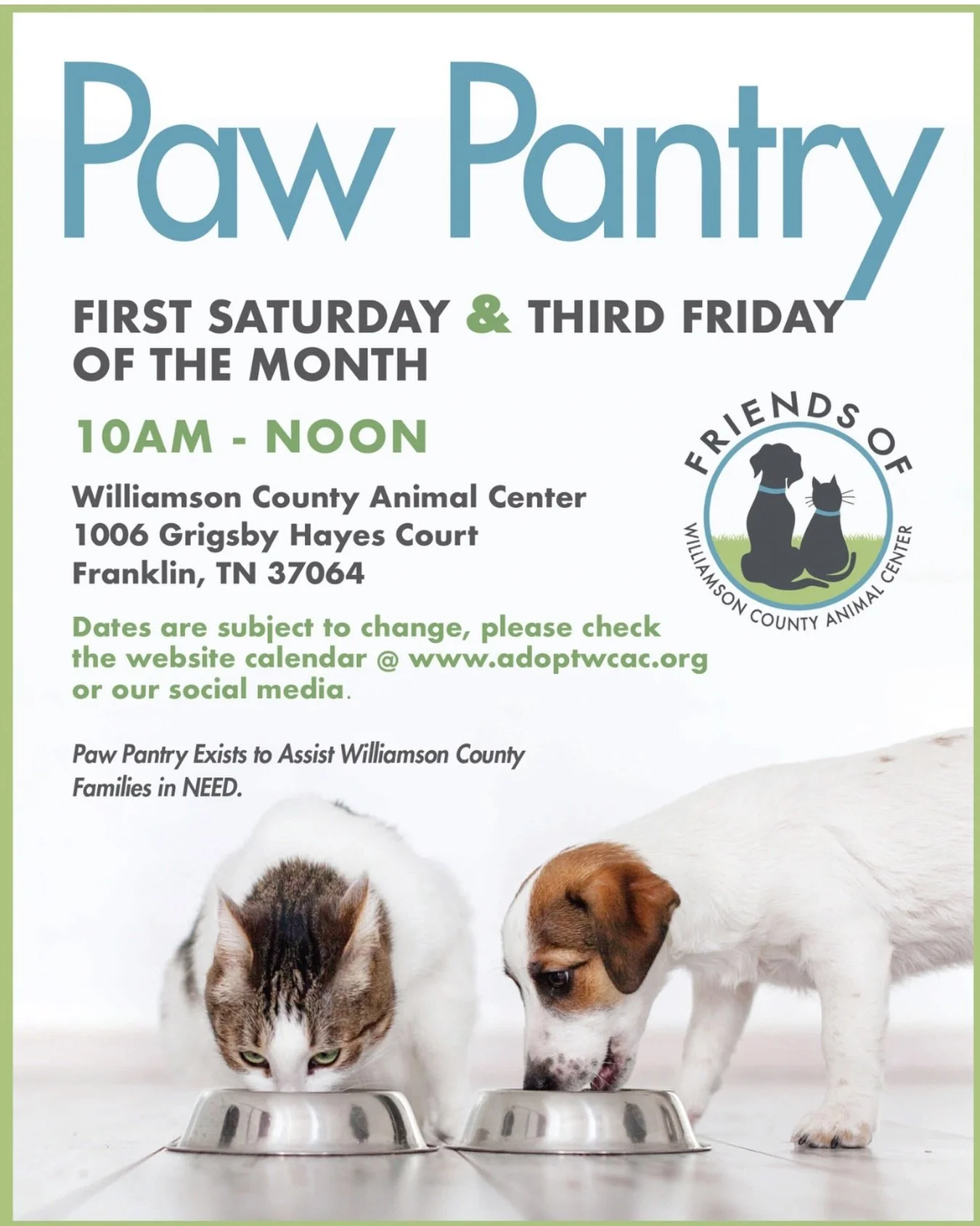 Rain or shine, we&rsquo;ve got you covered. ☔🐾☀️

Join us Saturday from 10 AM&ndash;12 PM at Williamson County Animal Center for our Paw Pantry&mdash;helping keep pets in homes and bellies full.

We&rsquo;ll have essentials available, plus dog and c