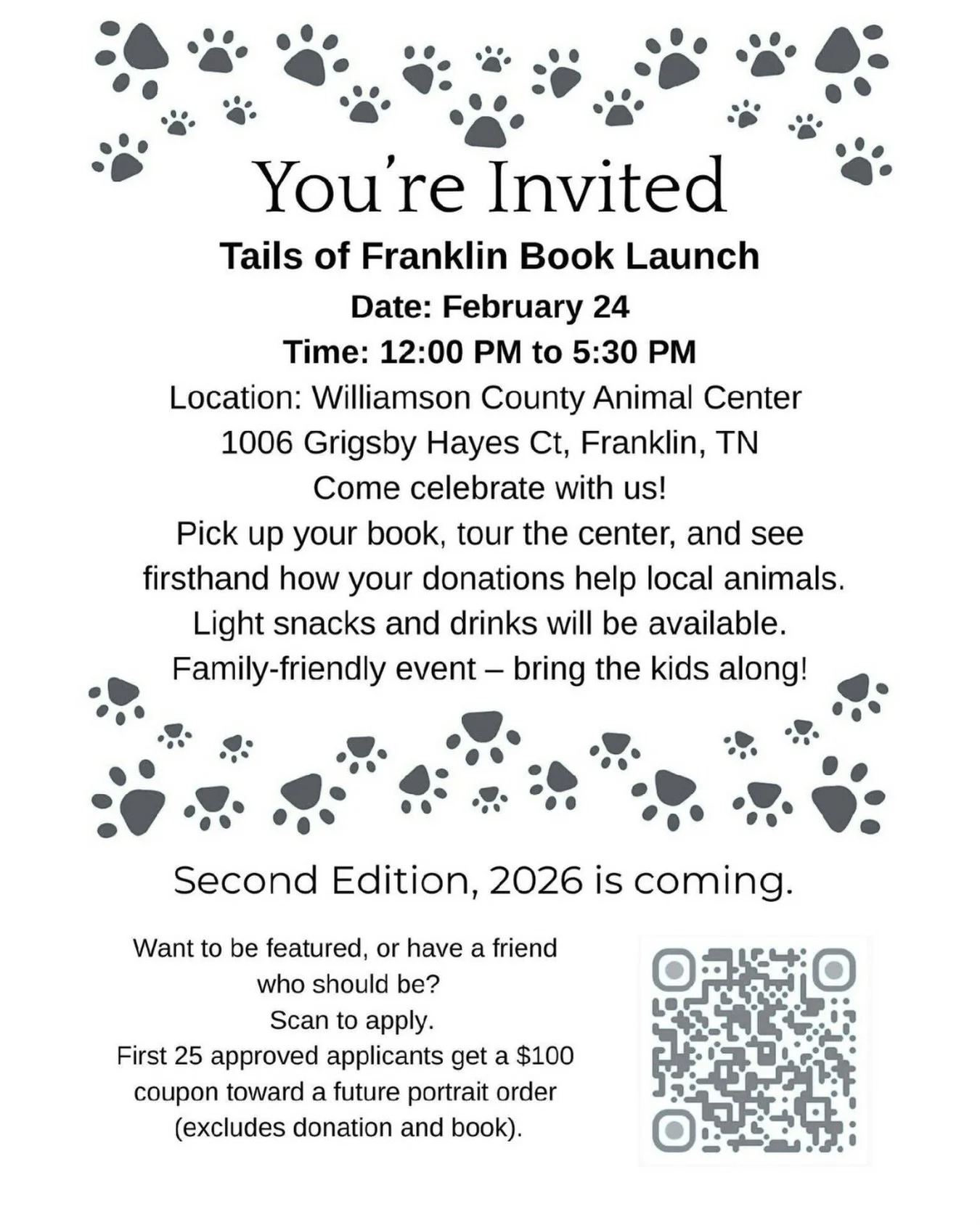 Mark your calendar! 

The Tails of Franklin Book Launch is happening February 24 from 12&ndash;5:30 PM at Williamson County Animal Center in Franklin.

Come celebrate the stories, meet the animals, tour the facility, and enjoy light refreshments. Thi