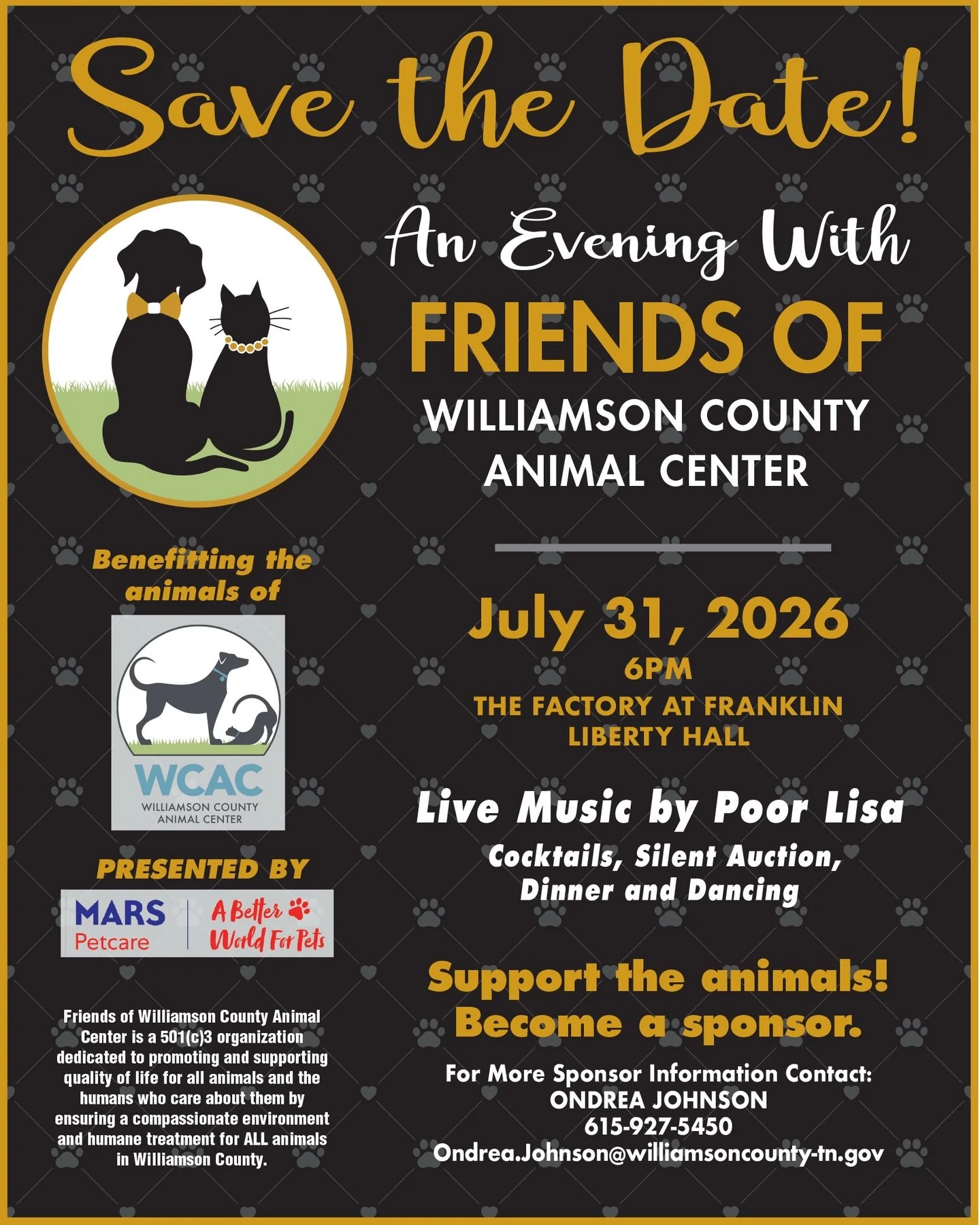 Mark your calendar&mdash;this is one night you won&rsquo;t want to miss!
Join us on&nbsp;July 31, 2026&nbsp;for&nbsp;An Evening with Friends of Williamson County Animal Center, a celebration of compassion, community, and the animals we love.
&nbsp;Th