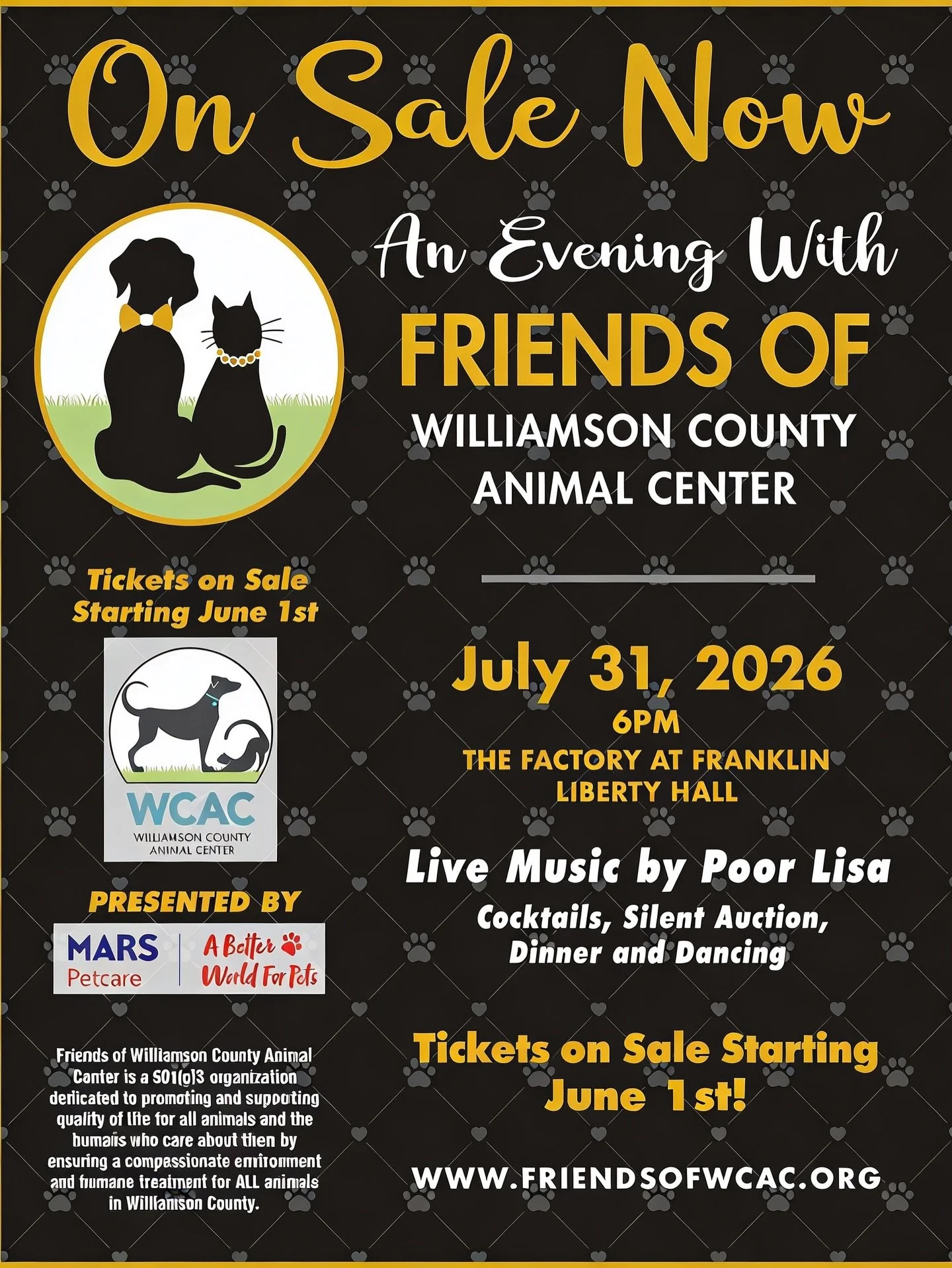 Tickets On Sale TODAY!

New night. New vibe. Same great cause &mdash; bigger fun.

An unforgettable evening is coming this summer in support of the animals and pet families of Williamson County.

Join Friends of Williamson County Animal Center on Fri