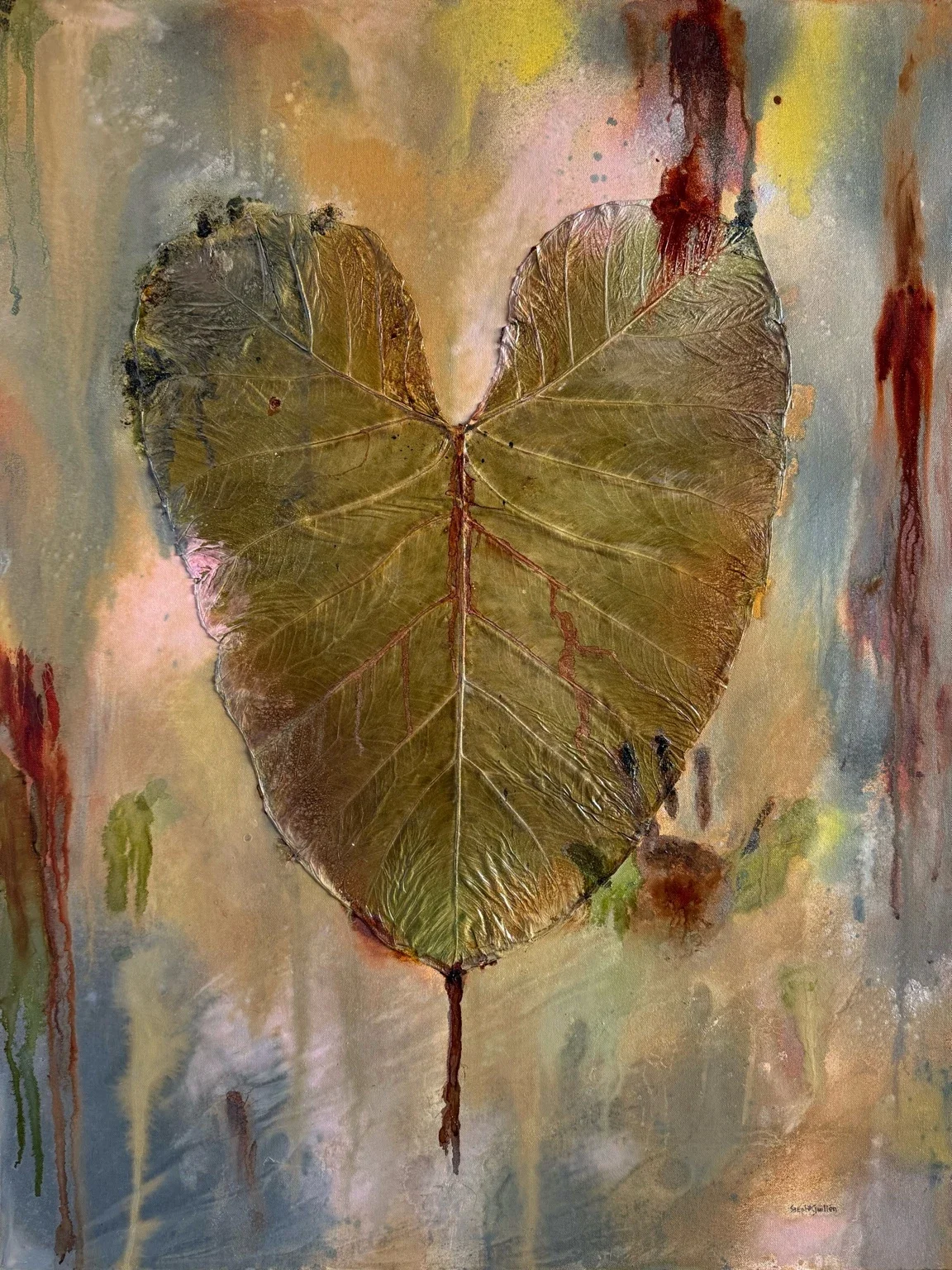 The Violence of Separation by Steph Guillén, 2026: a heart-shaped leaf with visible veins and an earthy handprint on a textured mixed-media surface. Full composition.