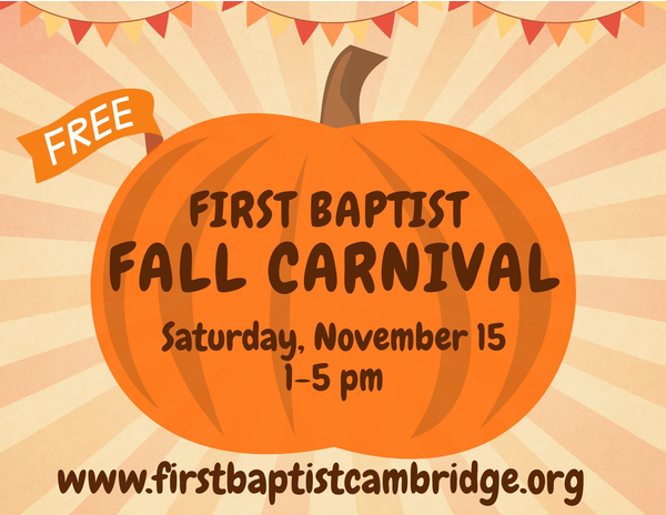 Fall Carnival at First Baptist Saturday, November 15th from 1pm-5pm.