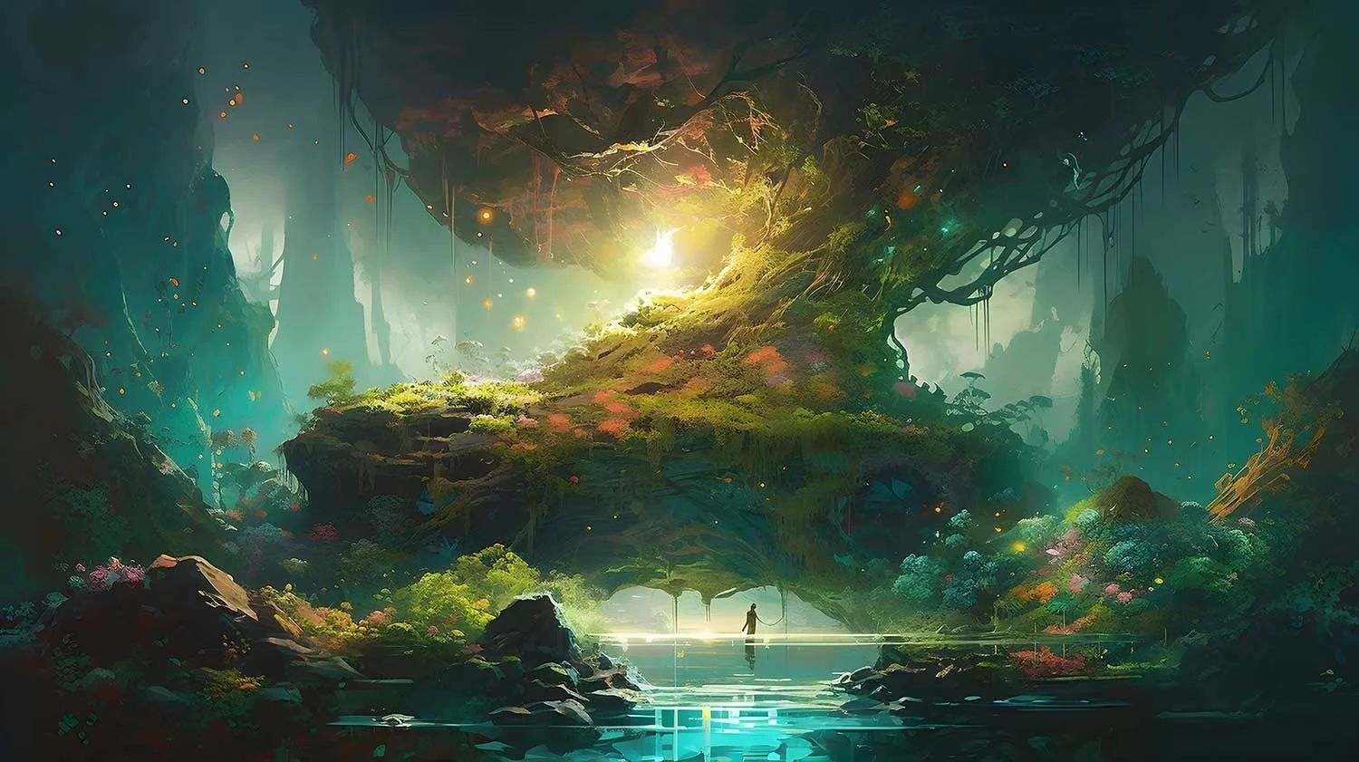 A person stands at the edge of a pond in a dense, colorful forest. The surrounding trees are covered in moss and bright flowers. 