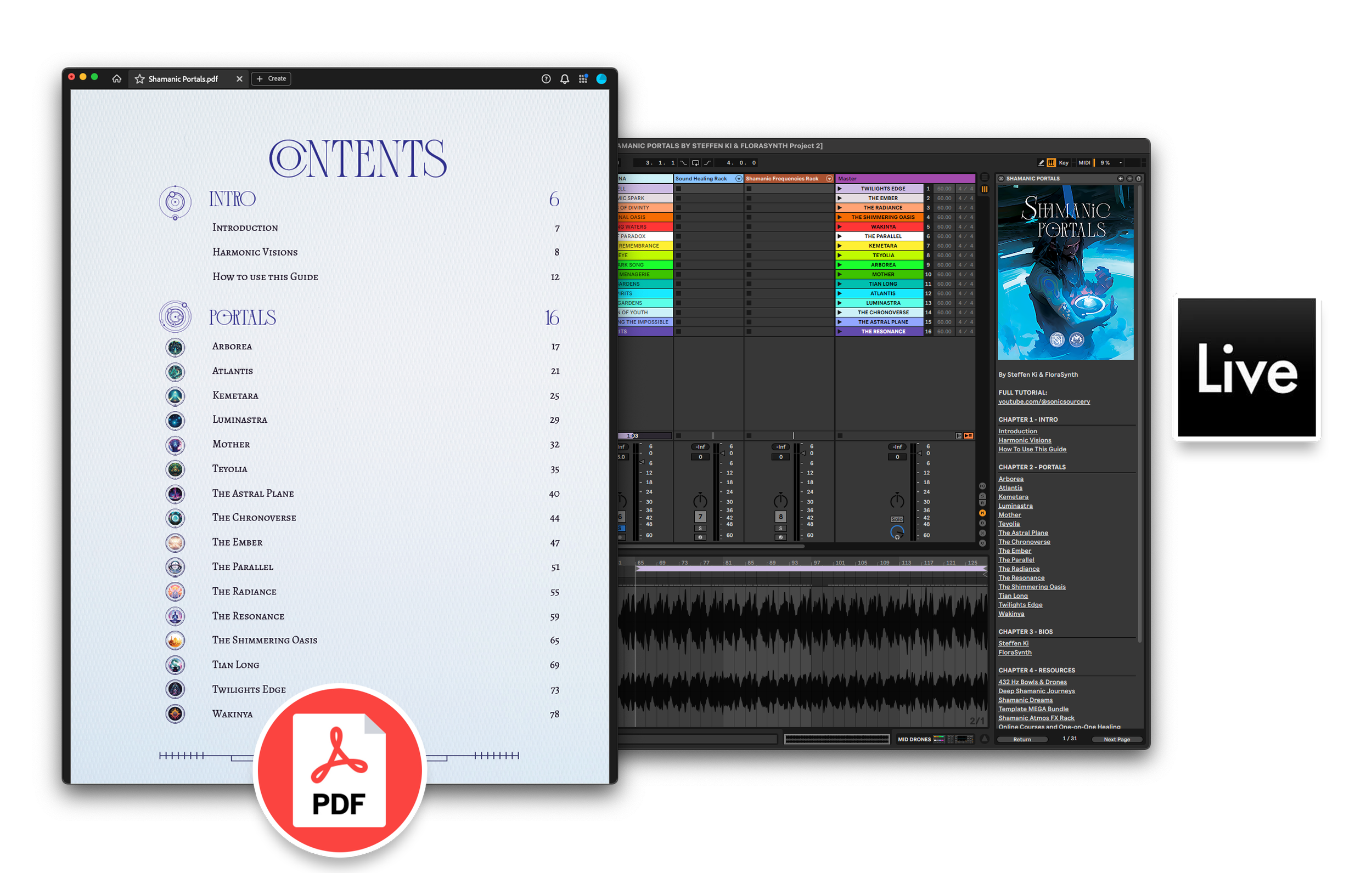 Two callouts from the Shamanic Portals Ableton Template. The Shamanic Portals PDF Guide and the integrated lesson within the Ableton Template.