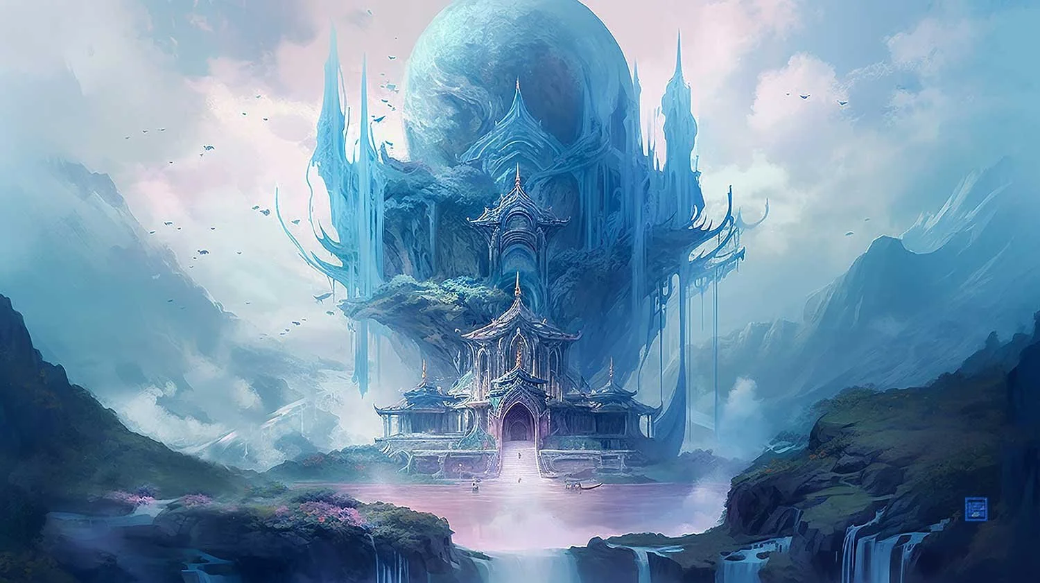 A ethereal blue castle on a cliff with a waterfall in the foreground. The sky is blue with white clouds, and there are many birds flying in the sky. The castle has an spritual appearance and is surrounded by a misty lake.