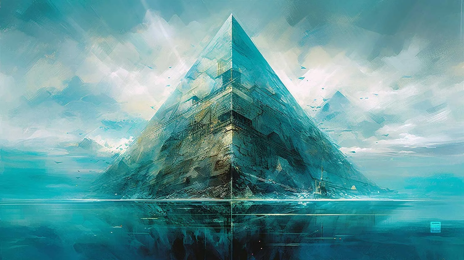 A large, blue pyramid is surrounded by water and reflects in the bottom. The sky is filled with clouds and the sun is shining.