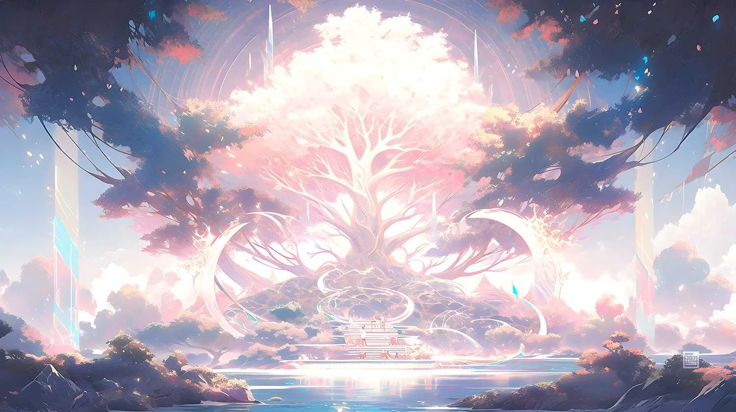 A massive pink tree with roots above the clouds. The tree is situated above a body of water, and there are stairs leading up to it. The sky is blue with white clouds. The overall mood is dreamy and mystical. 