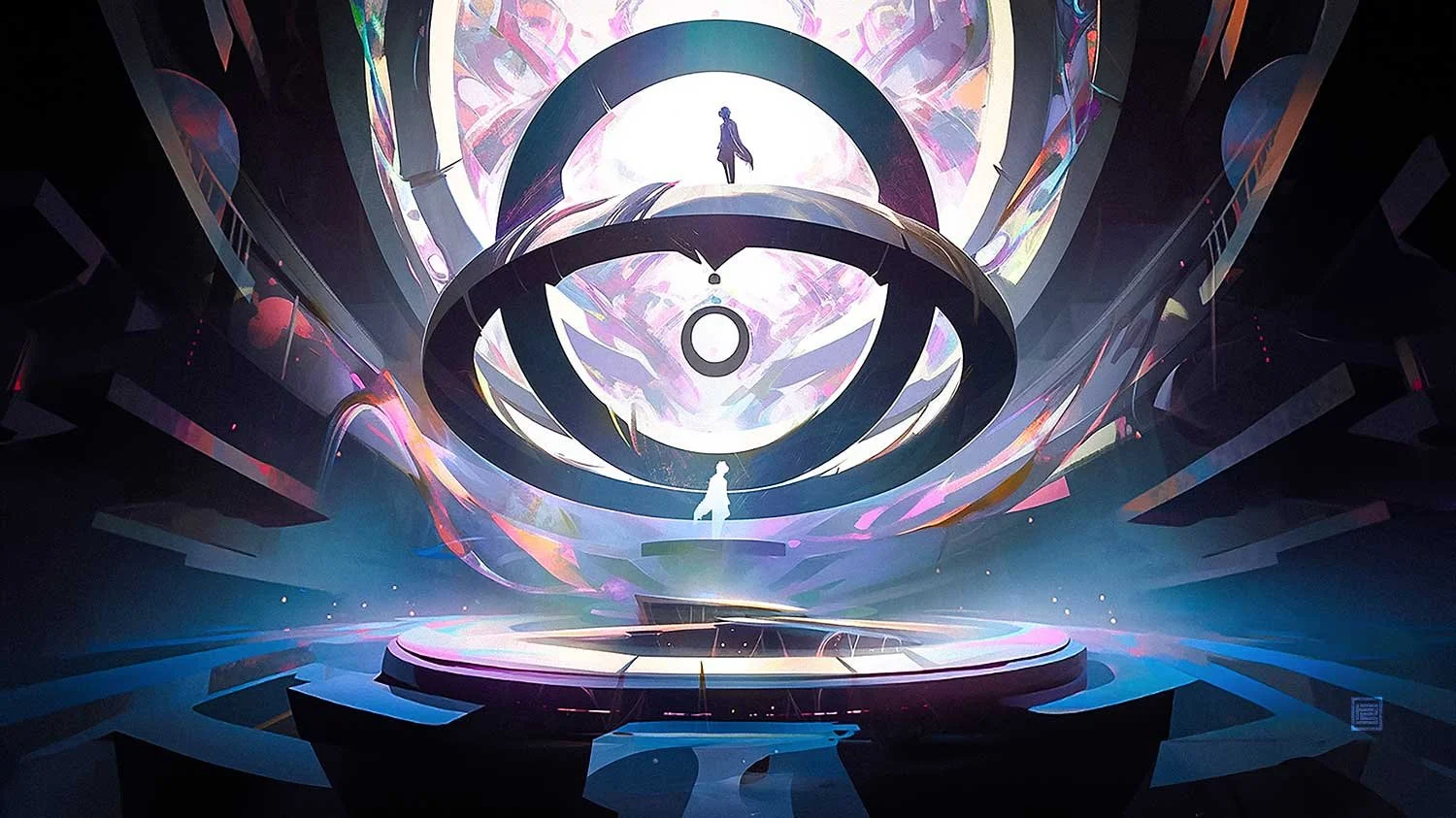 The white sillouette of a person stands on a platform in the center of a large, circular structure. The platform is surrounded by a circular light that shines through a geometric pattern. A black sillouette of the same person is silhouetted below. 