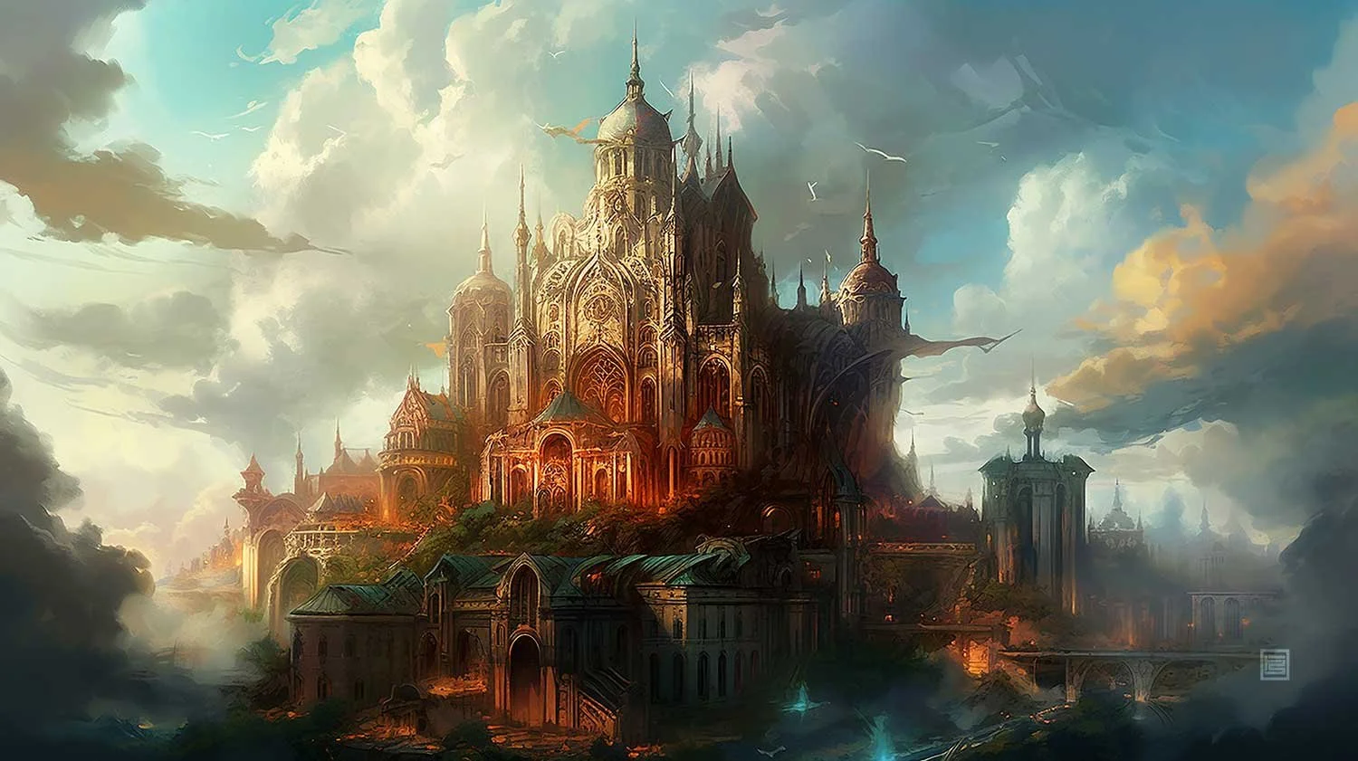 A majestic metallic castle with many towers and turrets sits atop a floating cloud. It is surrounded by a moat and has a cloudy sunrise sky above it.