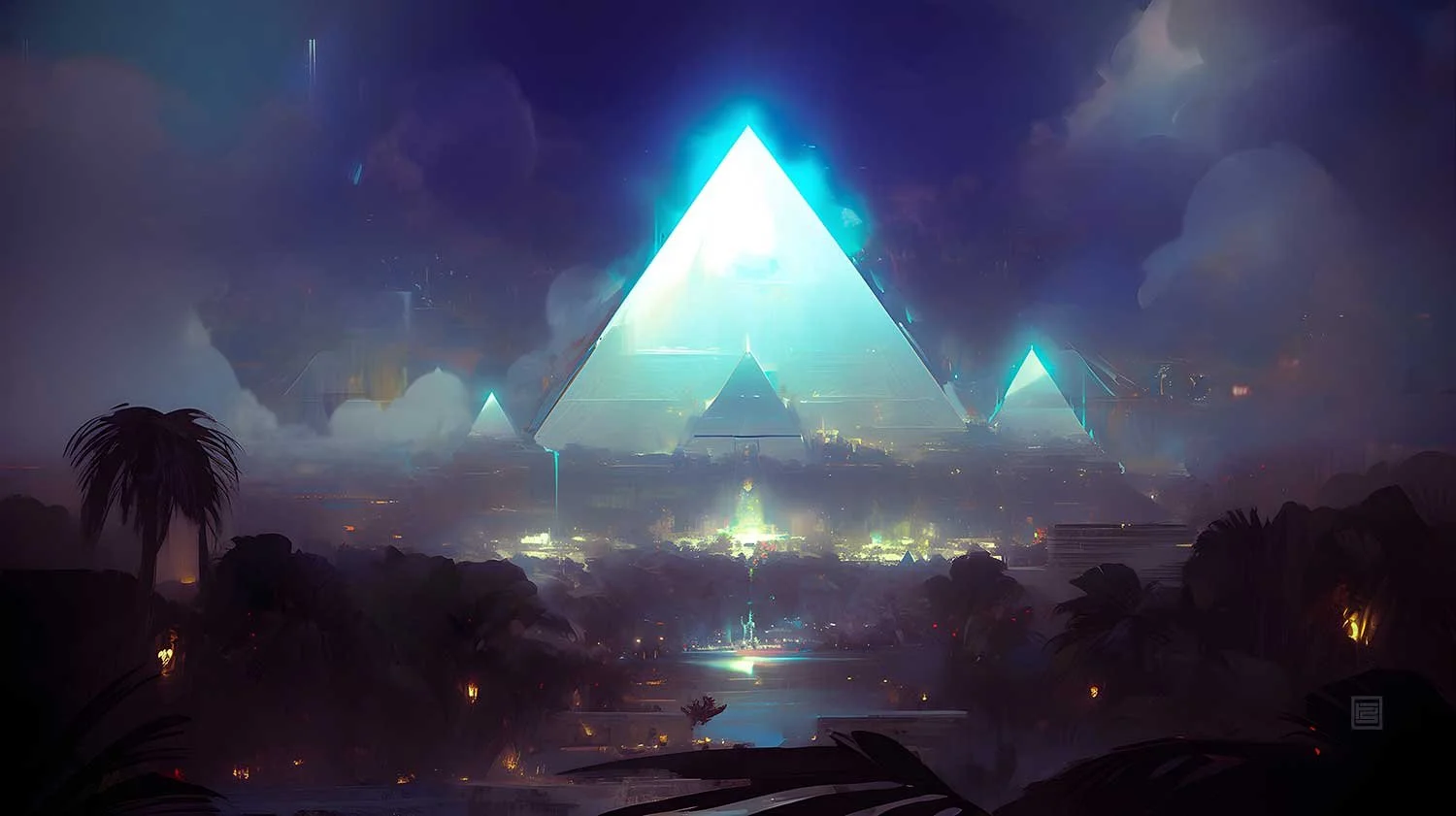 A stunning image of a city with triangular pyramid buildings glowing in the dark evening sky, surrounded by water and palm trees.