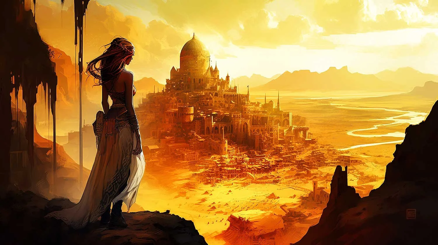 A woman with long hair and a white dress stands on a cliff overlooking a ornate brass city built on a desert plain. The sky is a warm yellow.