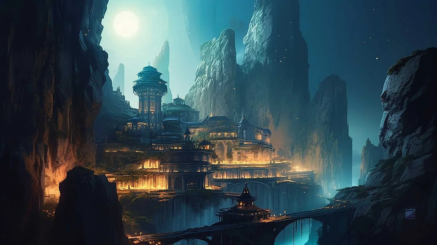 A indigenous city is depicted in the image, set against a cliffside and a night sky. The city is lit up with bright yellow lights, creating a striking contrast against the darkness. A bridge connects the city to the mountainside.