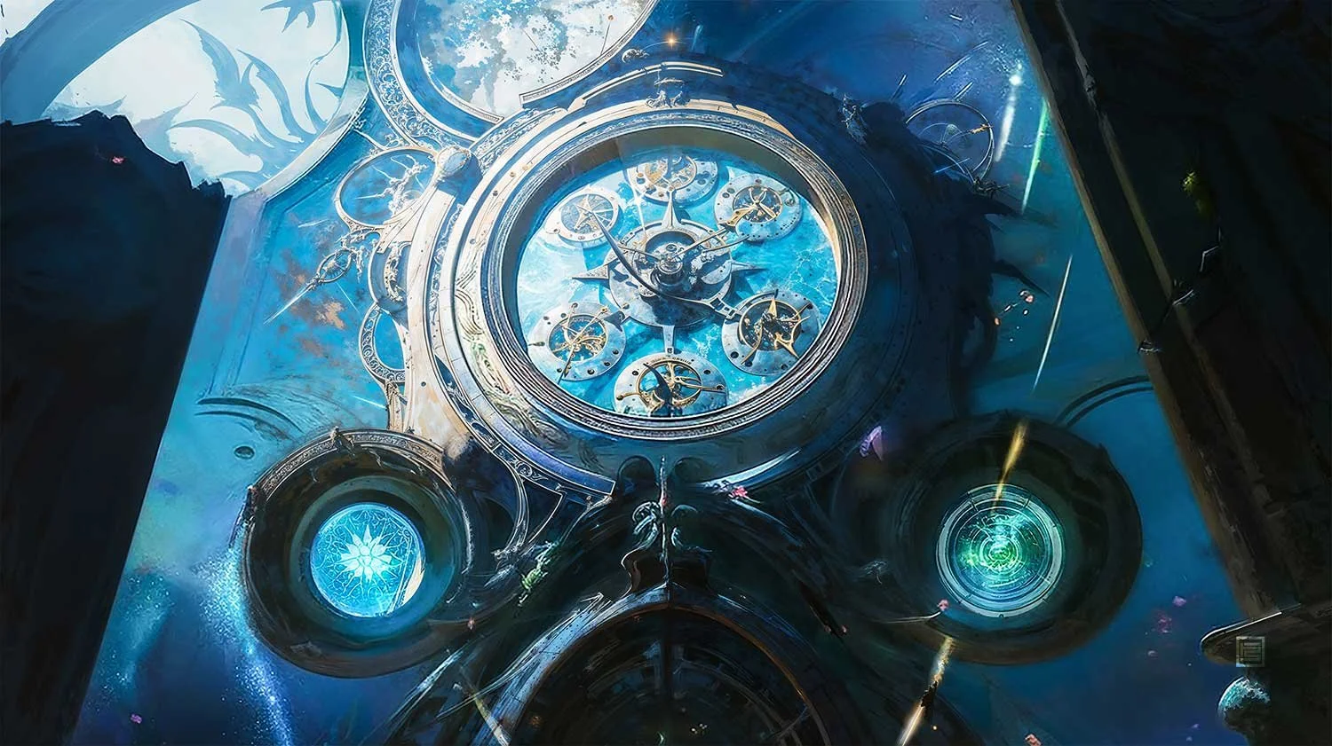 A massive towering, circular clock structure with many smaller, glowing clocks at the center of the image. Surrounding it are four clocks of varying sizes, each with a different time. 