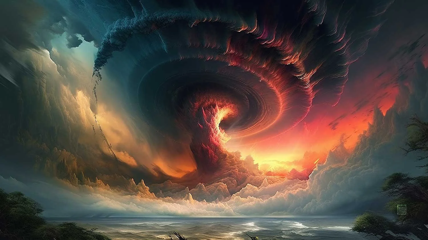 Teyolia storm scene. A vast swirling vortex of fire and smoke engulfs the sky, with a trail of fire and smoke trailing behind it.