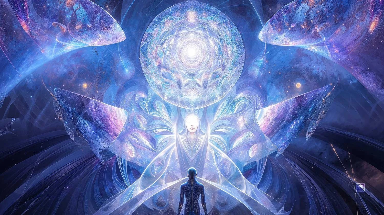 A person stands in a dark space, surrounded by blue and purple light. There are several circular shapes and lines of light extending from a central point. The scene is mysterious and inter dimensional.
