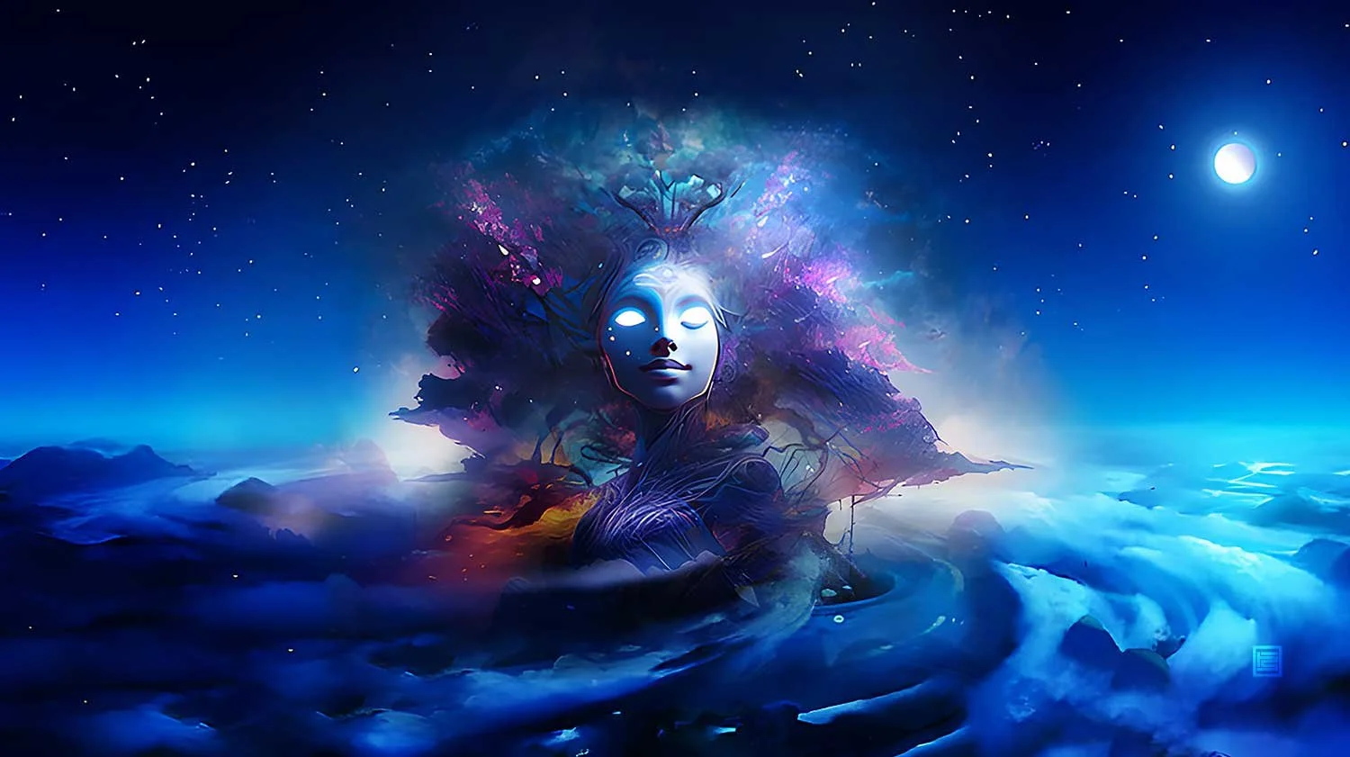 A celestial goddess with glowing eyes smiles looking across her realm, a cosmic tree growing from her head and clouds swirl around her massive form. The background features a starry sky and a full moon.